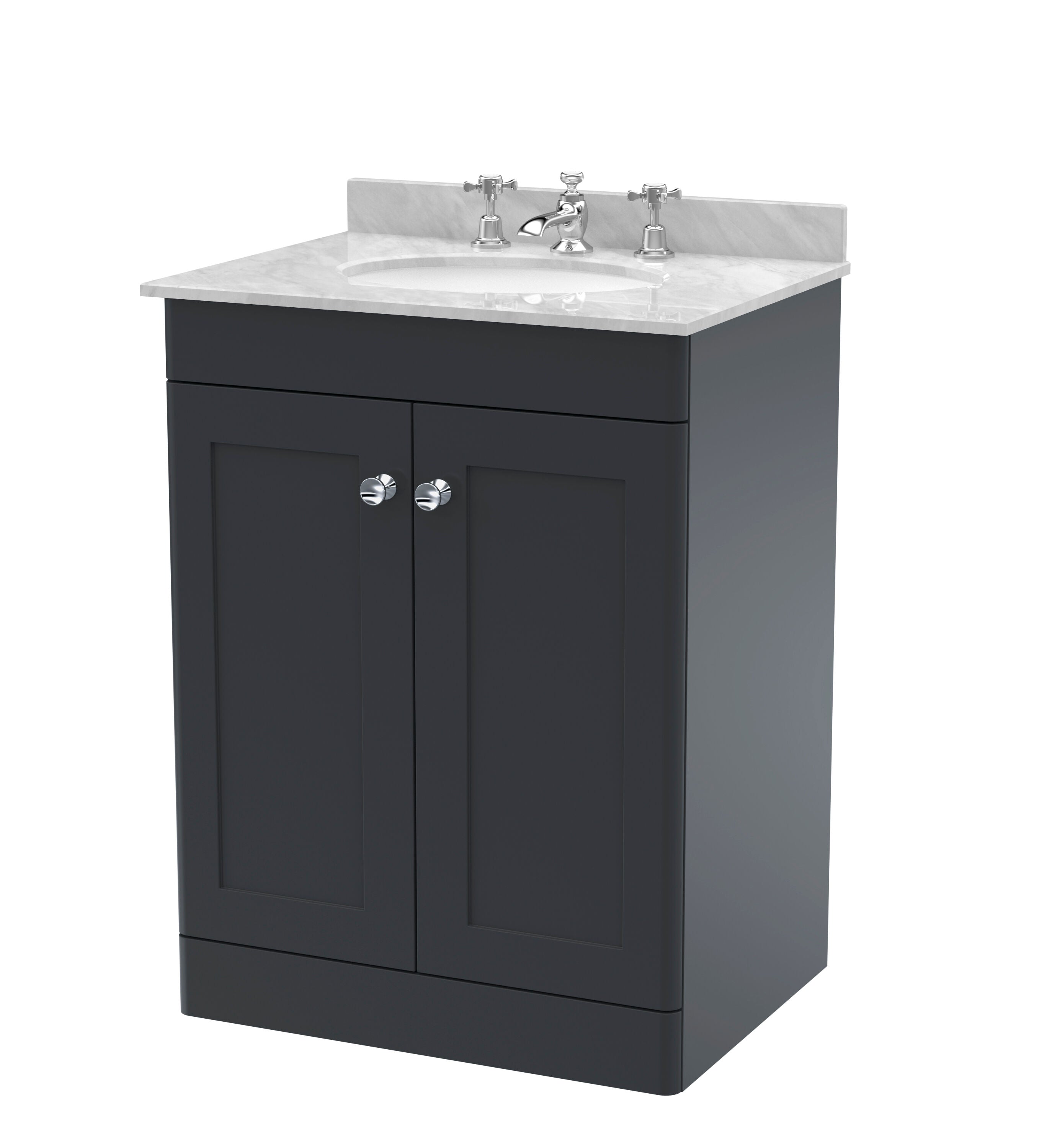 nuie Classique 600mm Soft Black 2 Door Floor Standing Vanity Unit With 3 Tap Hole Marble Basin