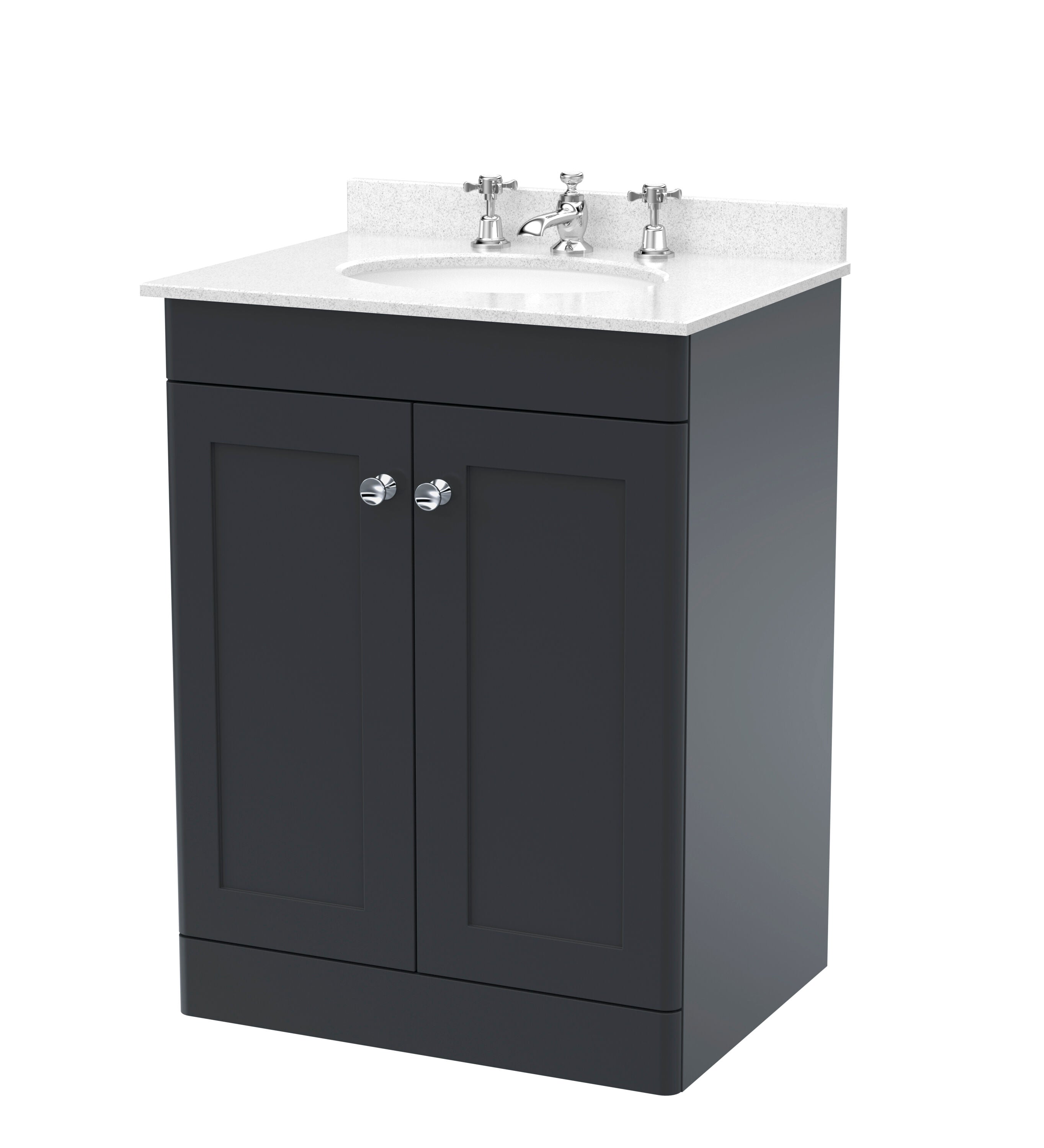 nuie Classique 600mm Soft Black 2 Door Floor Standing Vanity Unit With 3 Tap Hole Marble Basin
