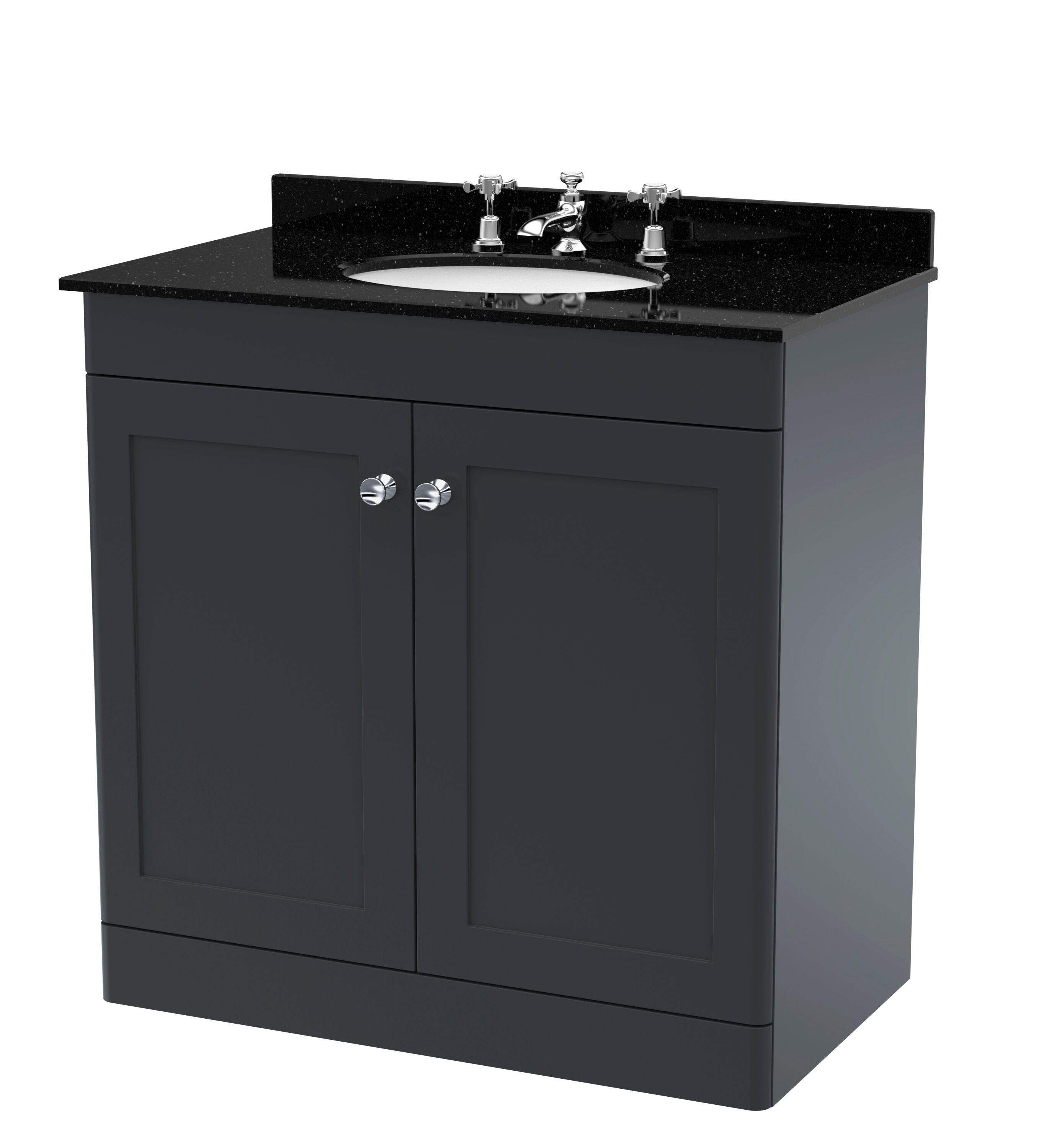 nuie Classique 800mm Soft Black 2 Door Floor Standing Vanity Unit With 3 Tap Hole Marble Basin