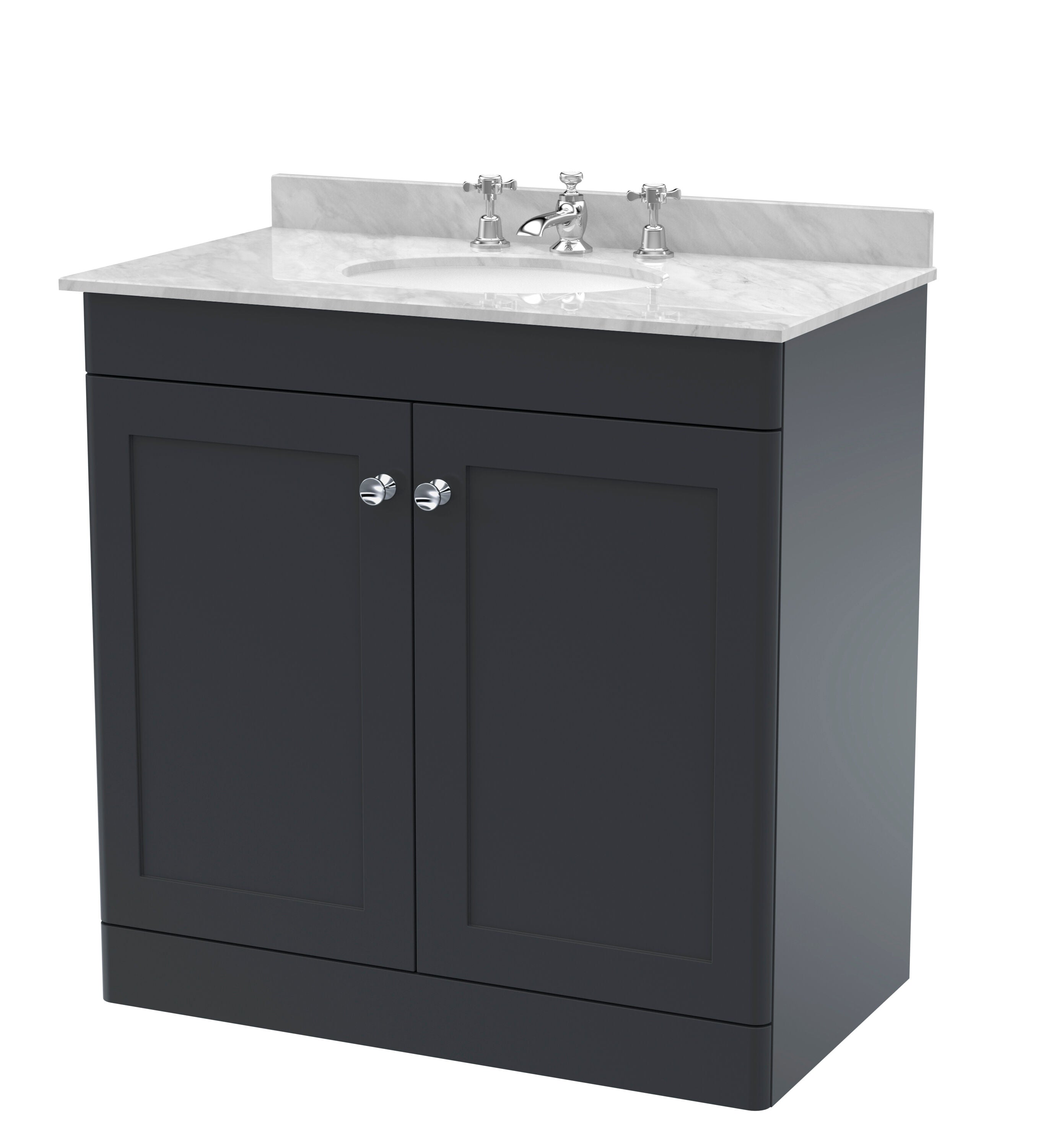 nuie Classique 800mm Soft Black 2 Door Floor Standing Vanity Unit With 3 Tap Hole Marble Basin