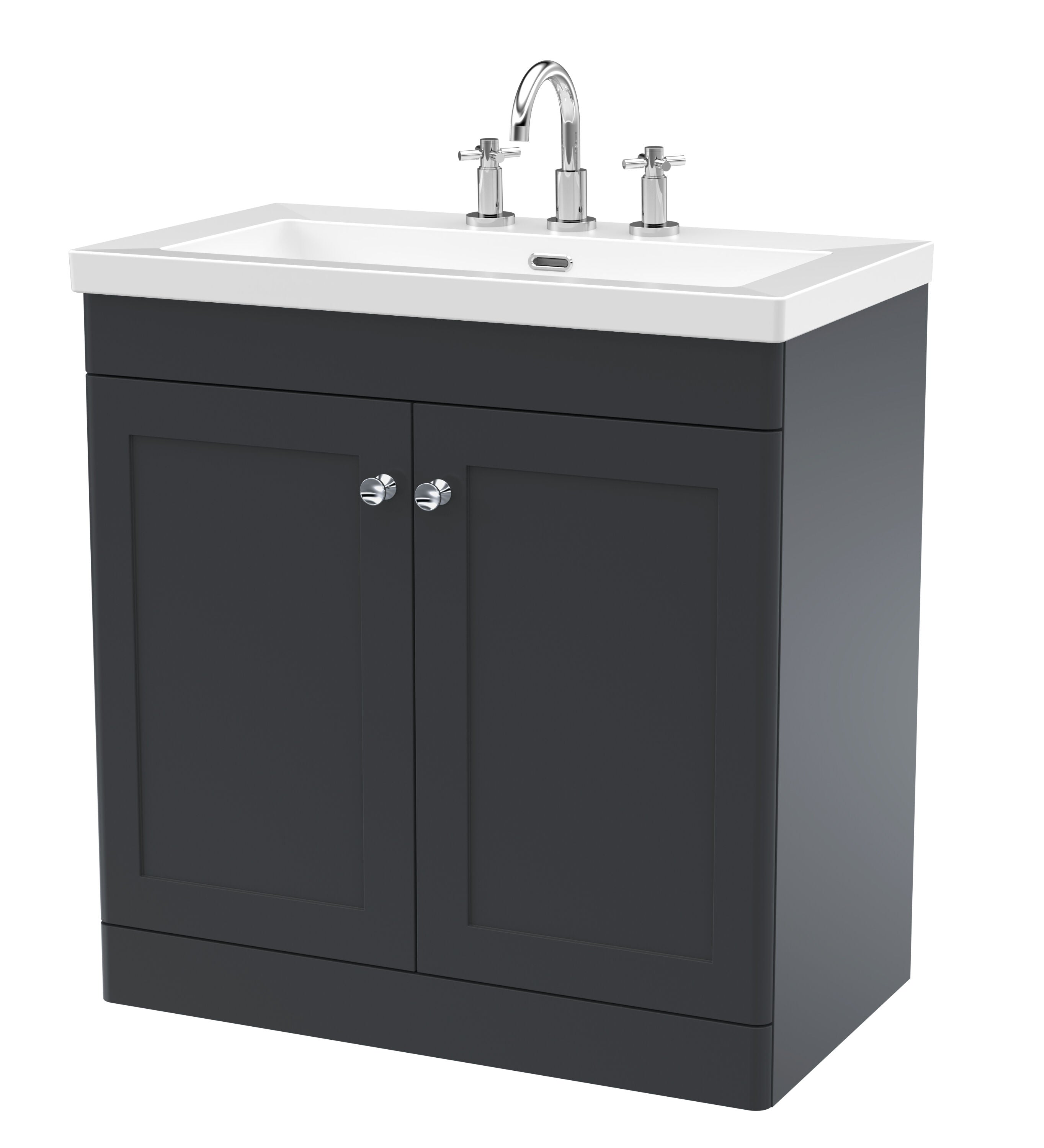 nuie Classique 800mm Soft Black 2 Door Floor Standing Vanity Unit With 3 Tap Hole Fireclay Basin