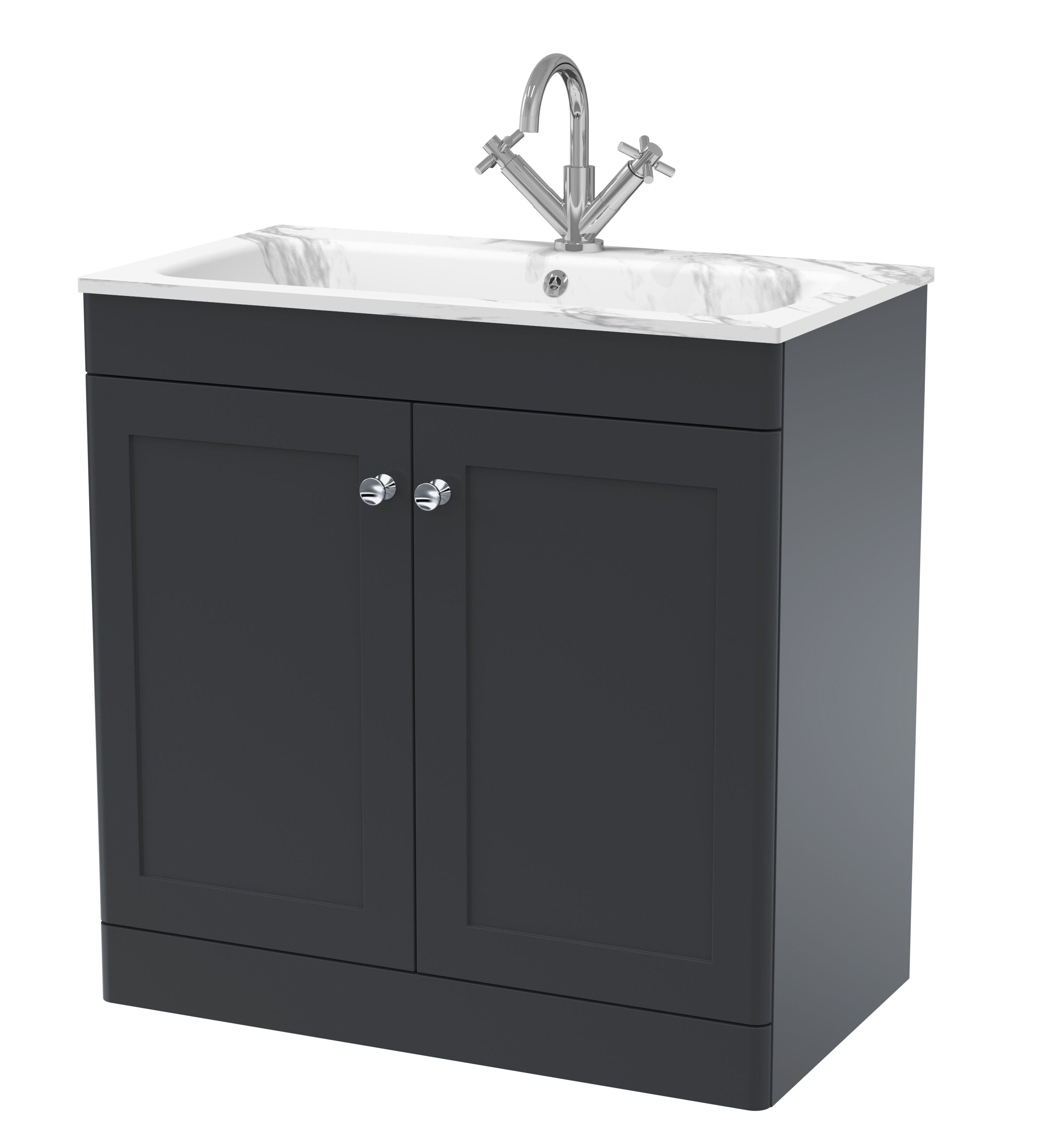 nuie Classique 800mm Soft Black 2 Door Floor Standing Vanity Unit With 1 Tap Hole Stone Basin