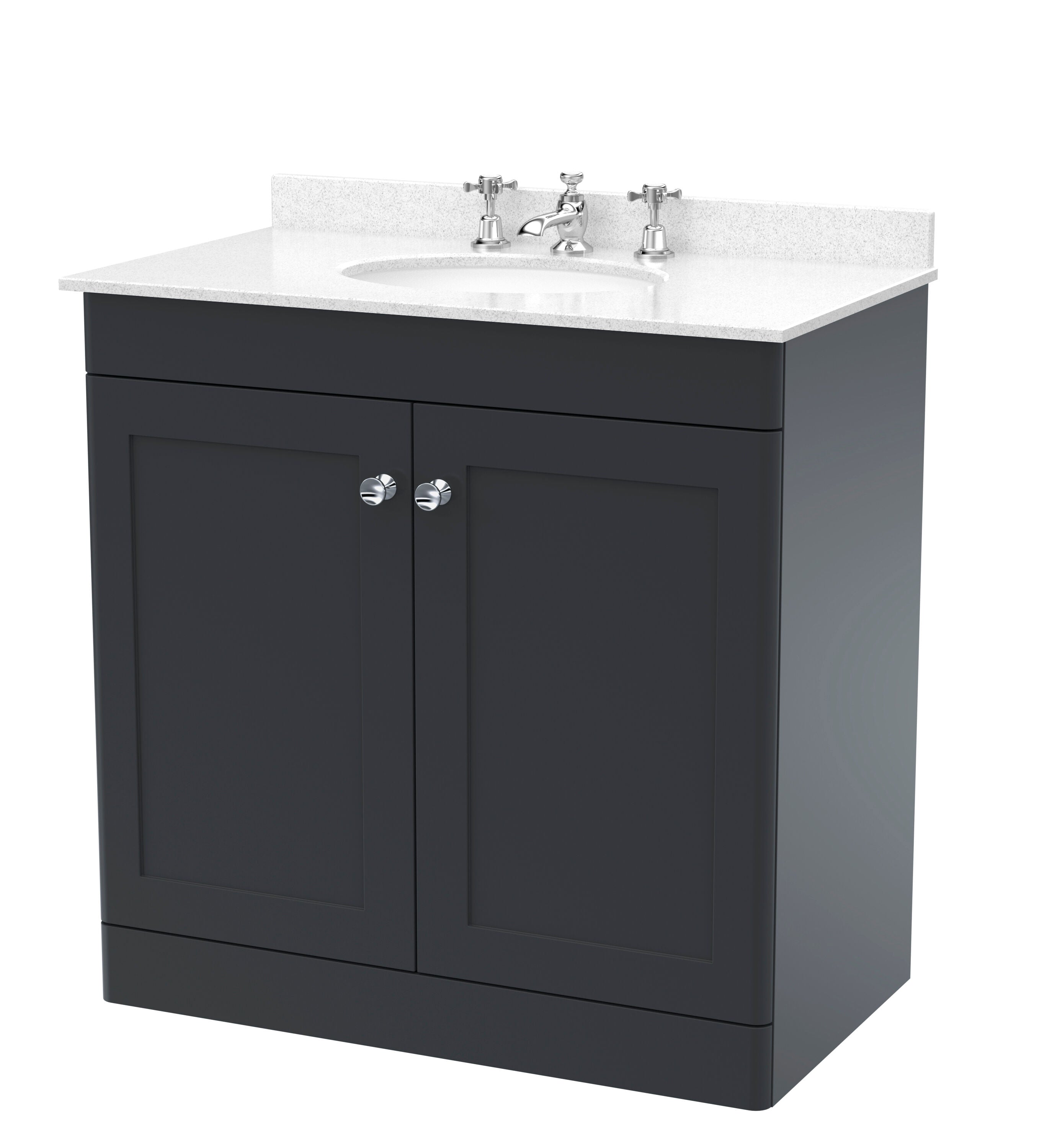 nuie Classique 800mm Soft Black 2 Door Floor Standing Vanity Unit With 3 Tap Hole Marble Basin