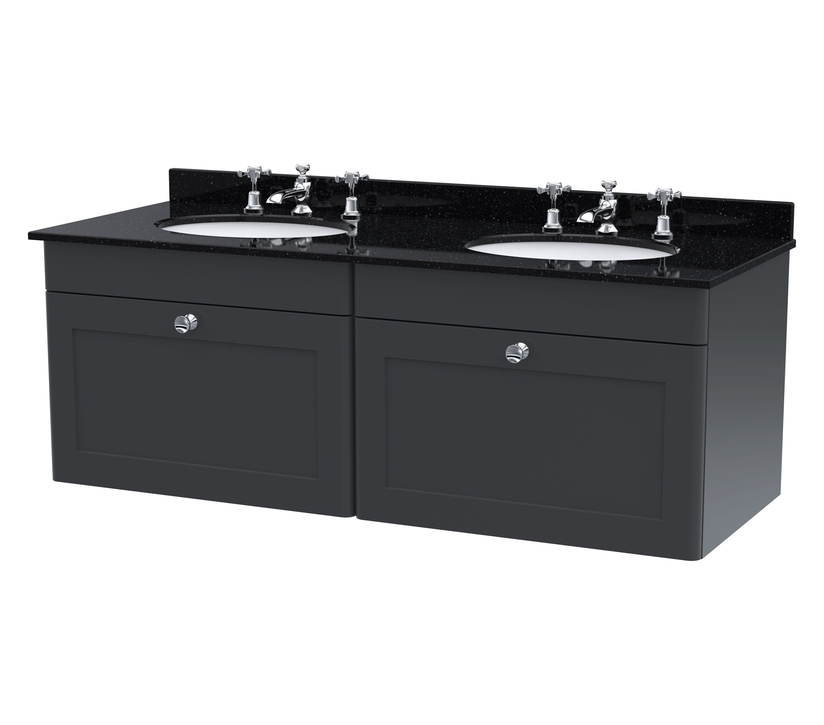 nuie Classique 1200mm Soft Black 2 Drawer Wall Hung Vanity Unit With 6 Tap Hole Marble Basin
