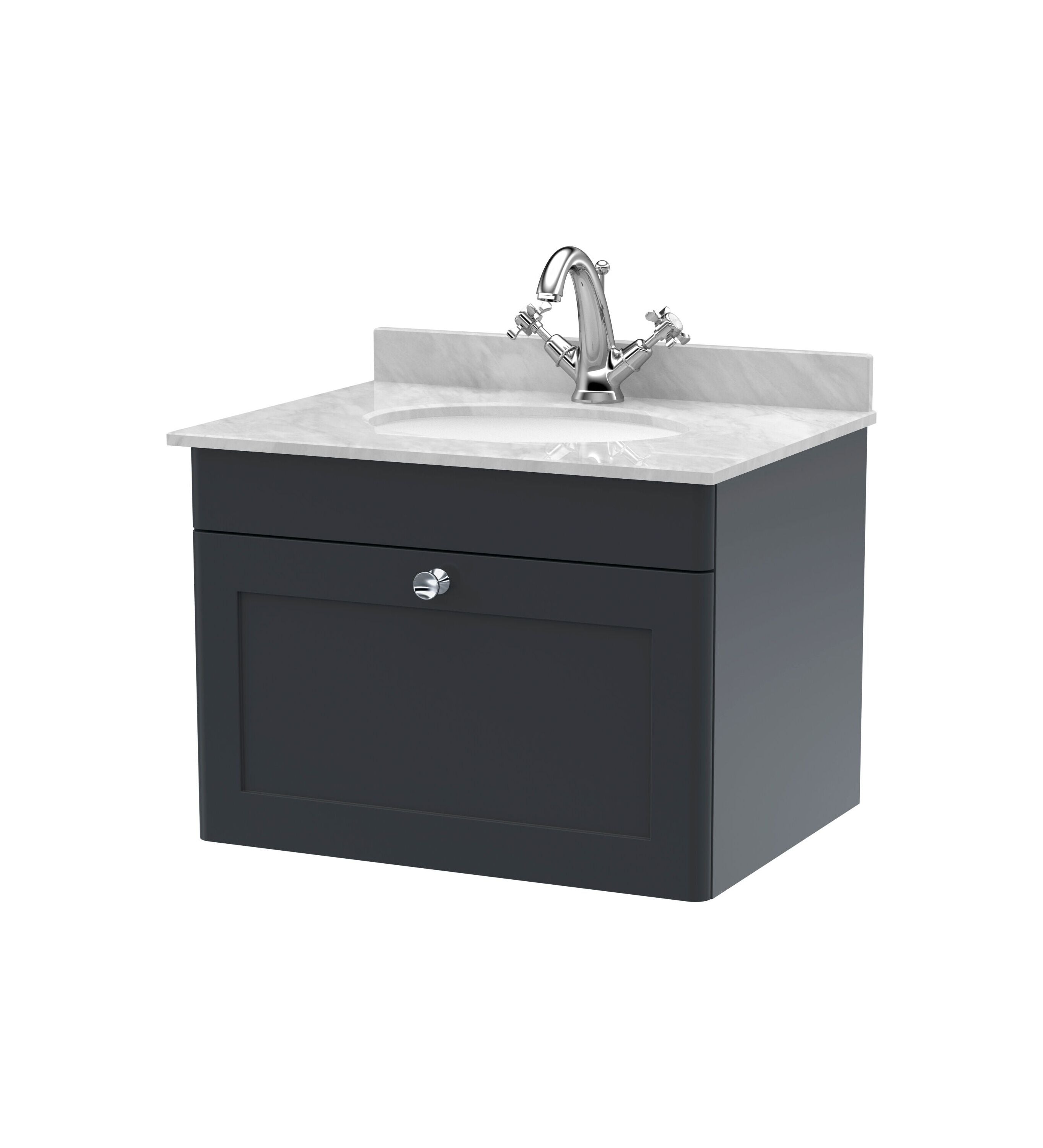 nuie Classique 600mm Soft Black 1 Drawer Wall Hung Vanity Unit With 1 Tap Hole Marble Basin
