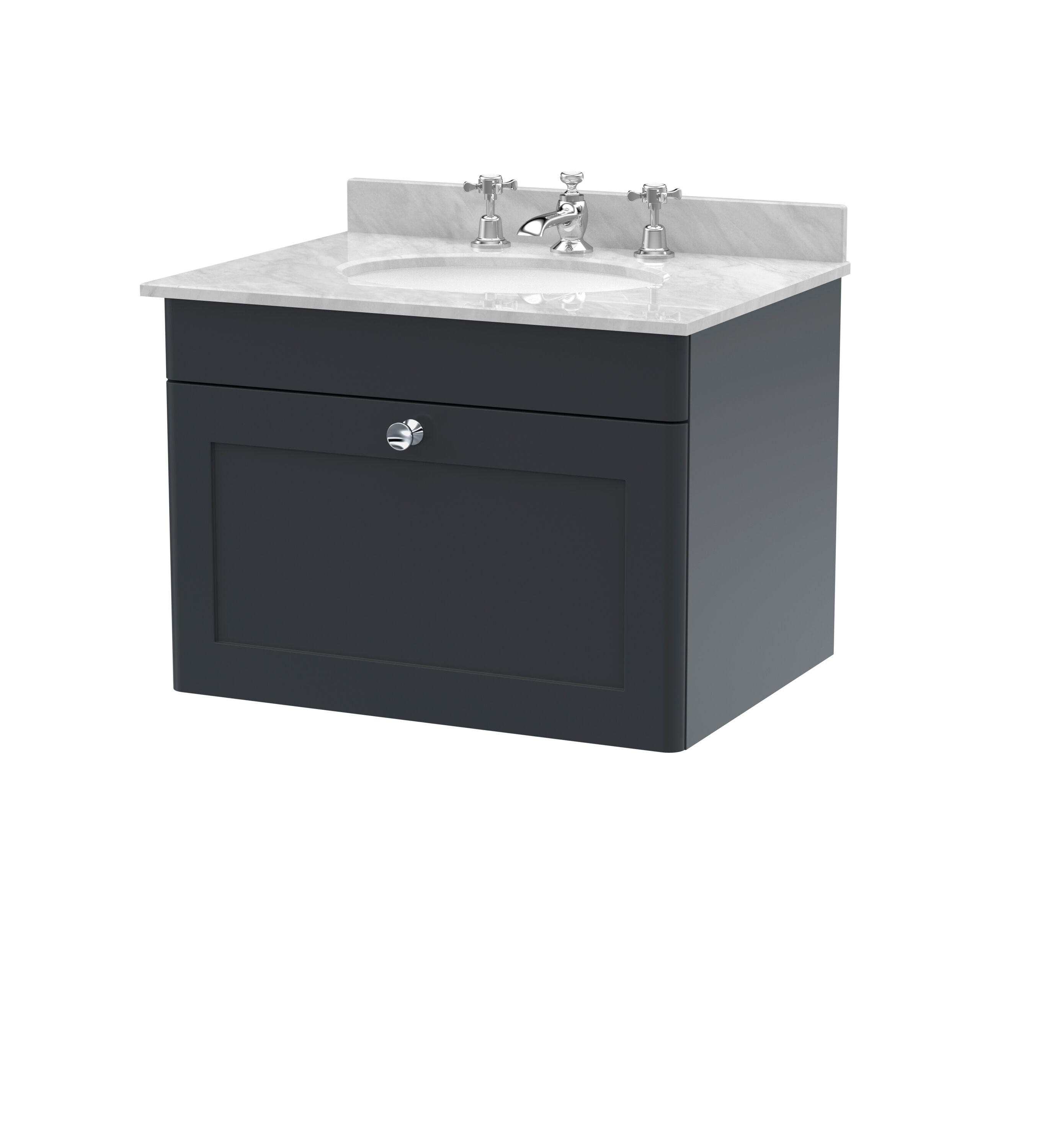 nuie Classique 600mm Soft Black 1 Drawer Wall Hung Vanity Unit With 3 Tap Hole Marble Basin