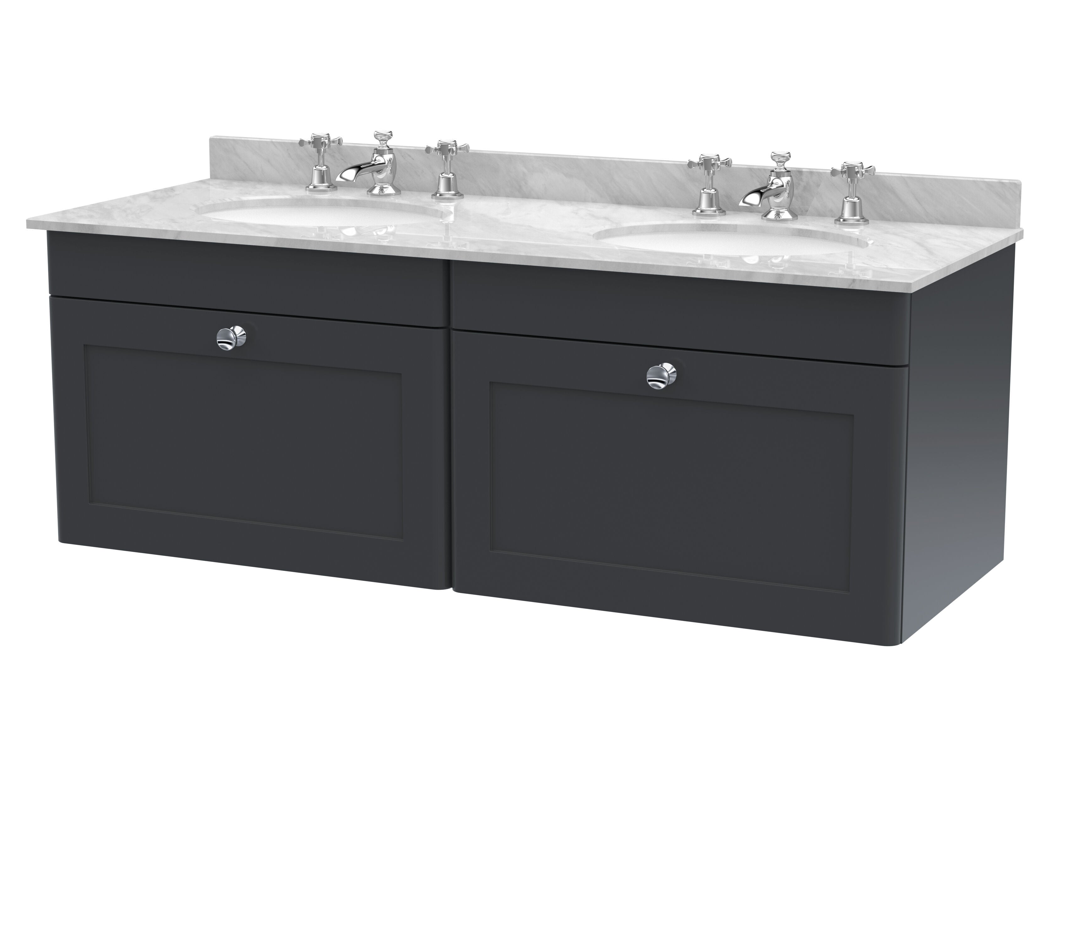 nuie Classique 1200mm Soft Black 2 Drawer Wall Hung Vanity Unit With 6 Tap Hole Marble Basin