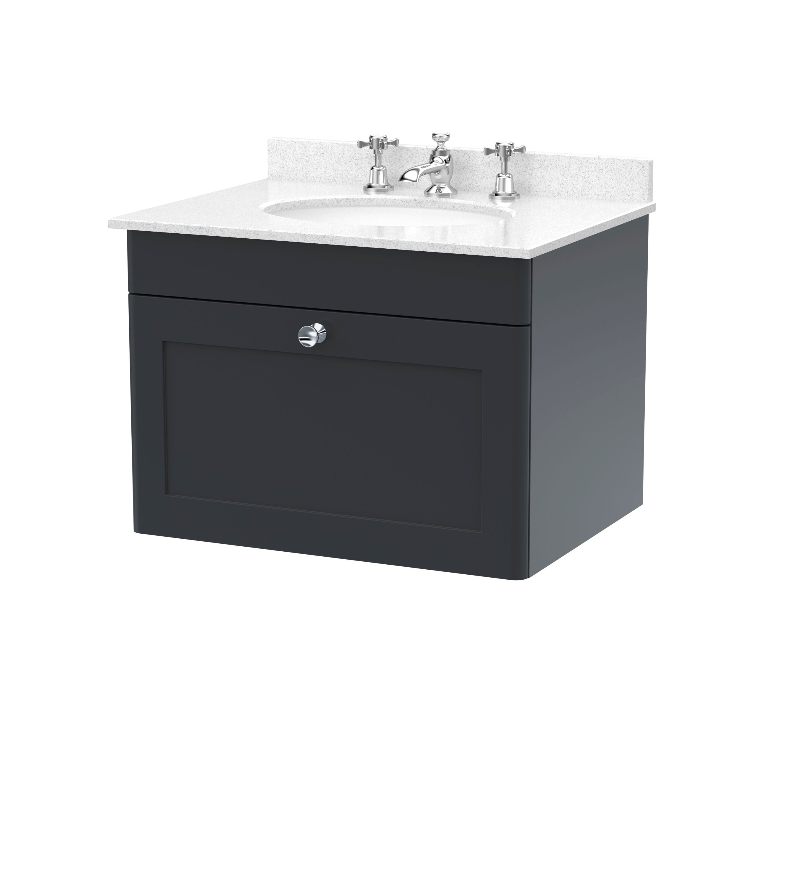 nuie Classique 600mm Soft Black 1 Drawer Wall Hung Vanity Unit With 3 Tap Hole Marble Basin