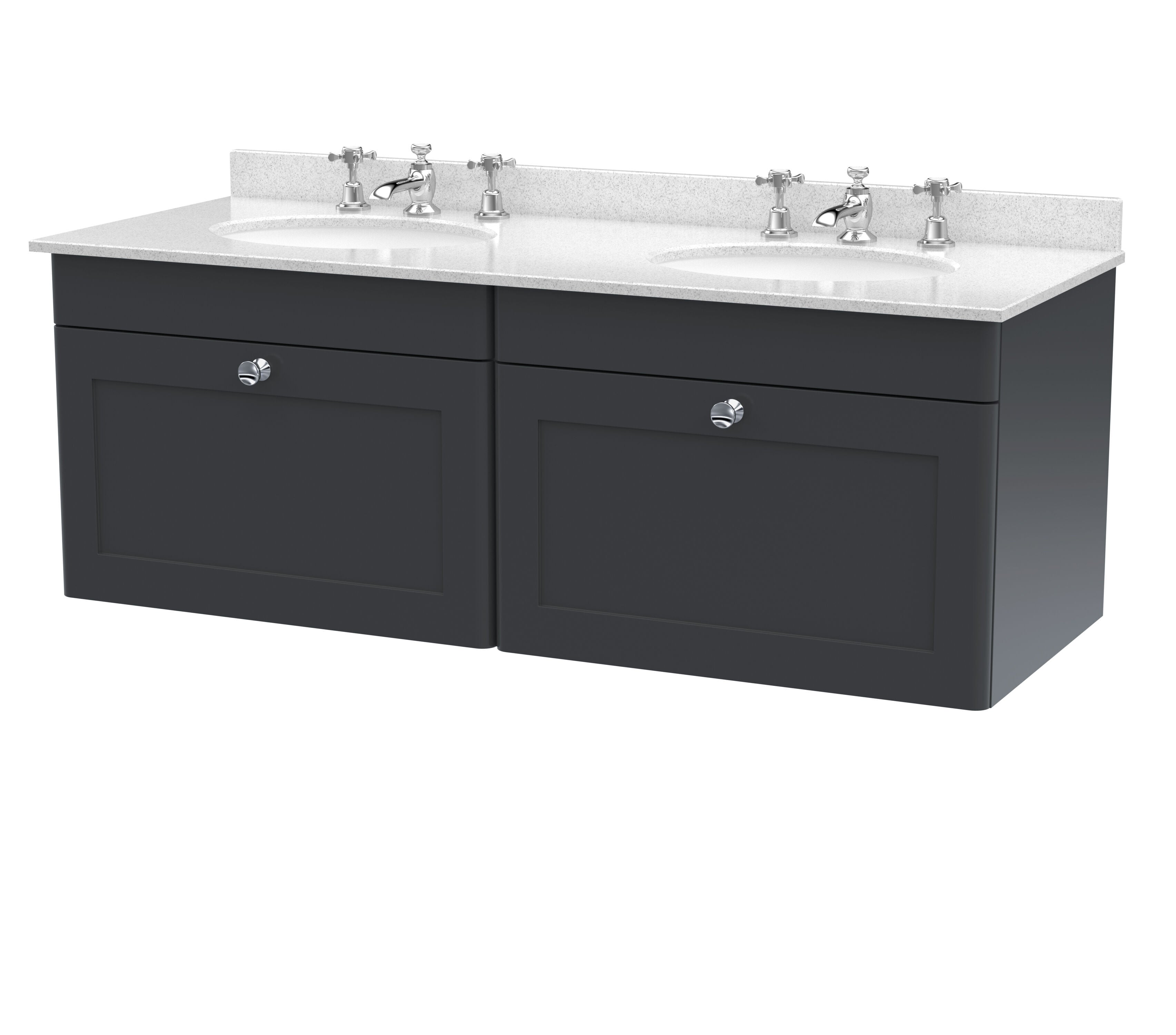 nuie Classique 1200mm Soft Black 2 Drawer Wall Hung Vanity Unit With 6 Tap Hole Marble Basin
