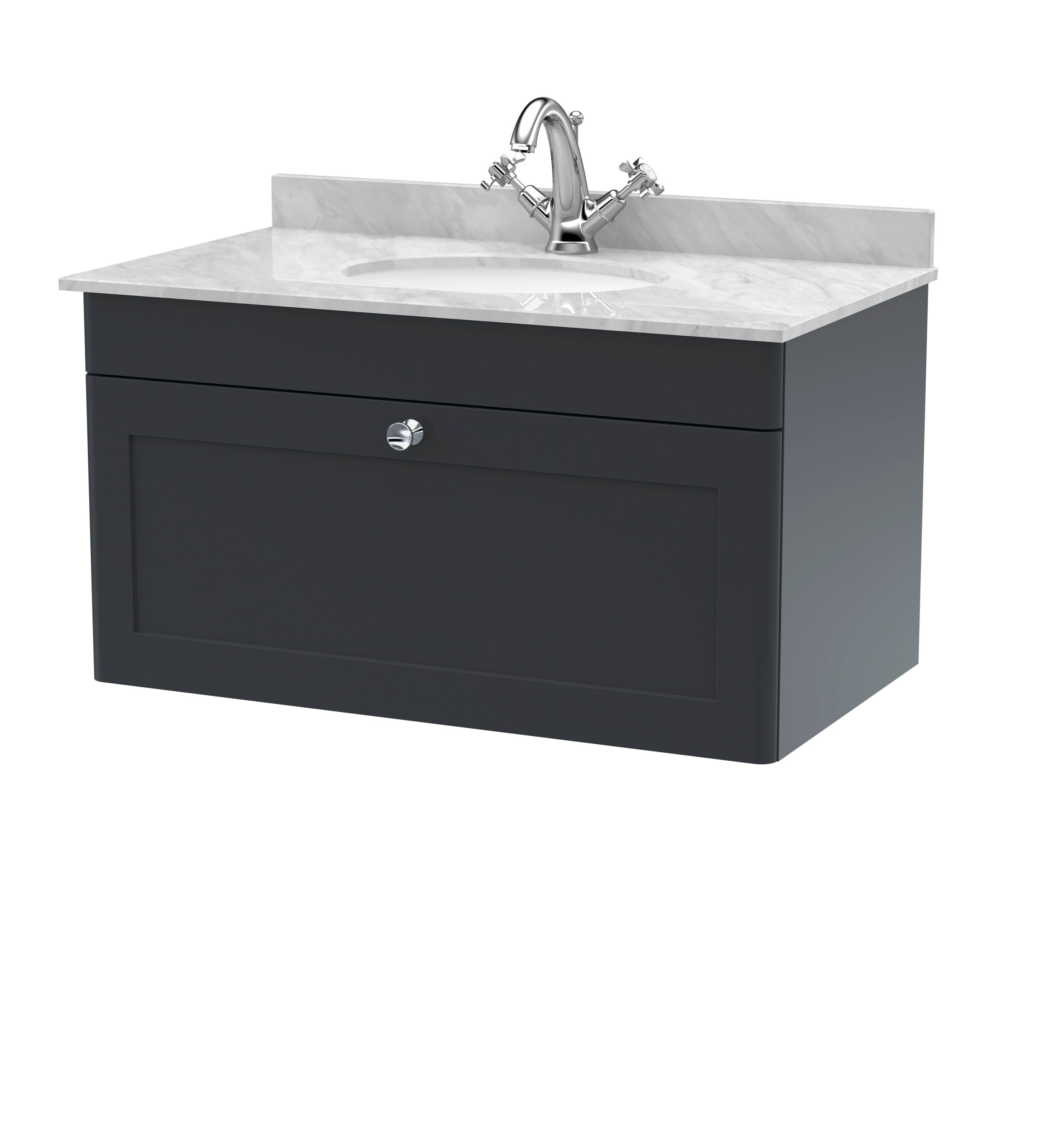 nuie Classique 800mm Soft Black 1 Drawer Wall Hung Vanity Unit With 1 Tap Hole Marble Basin