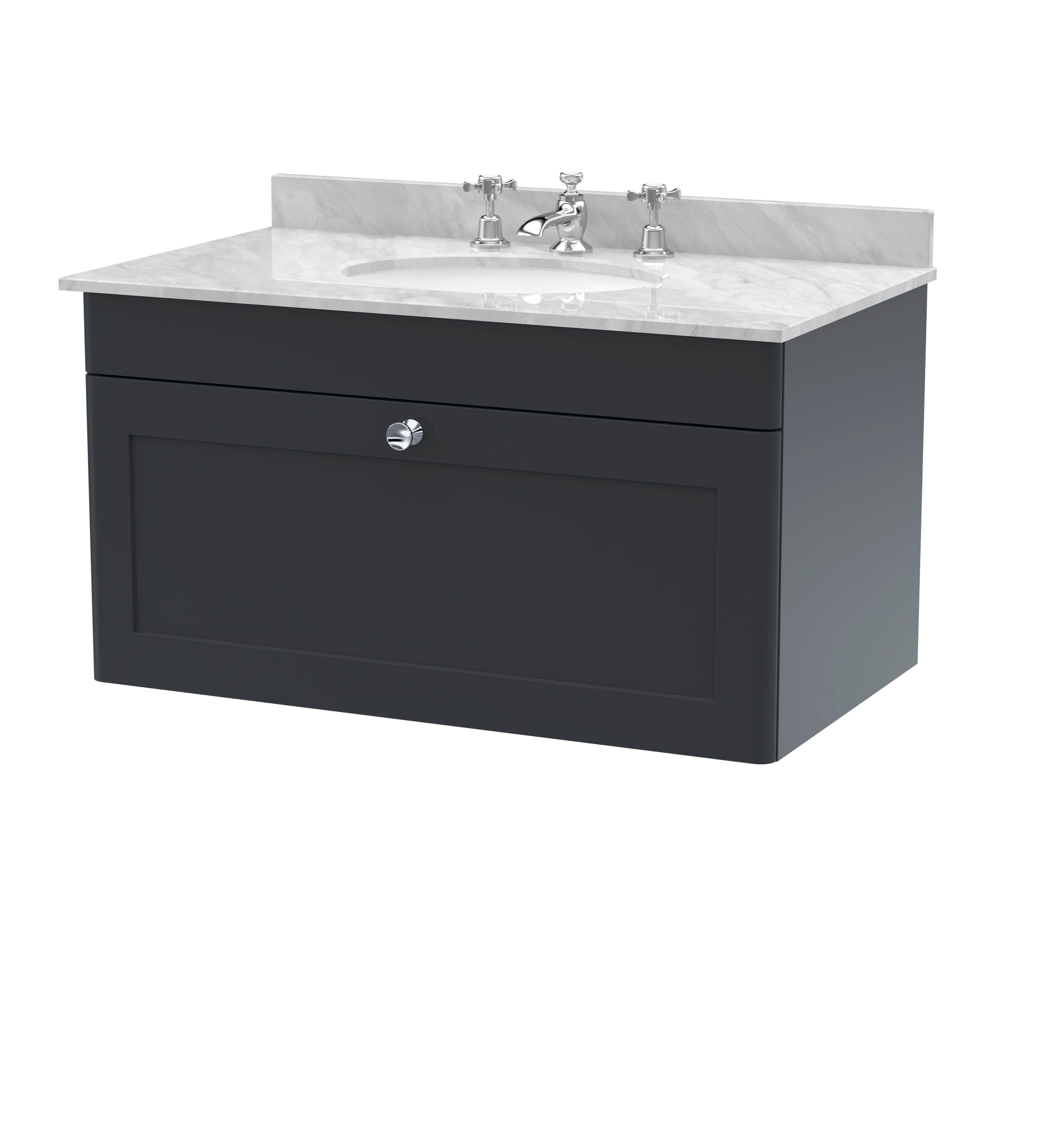 nuie Classique 800mm Soft Black 1 Drawer Wall Hung Vanity Unit With 3 Tap Hole Marble Basin