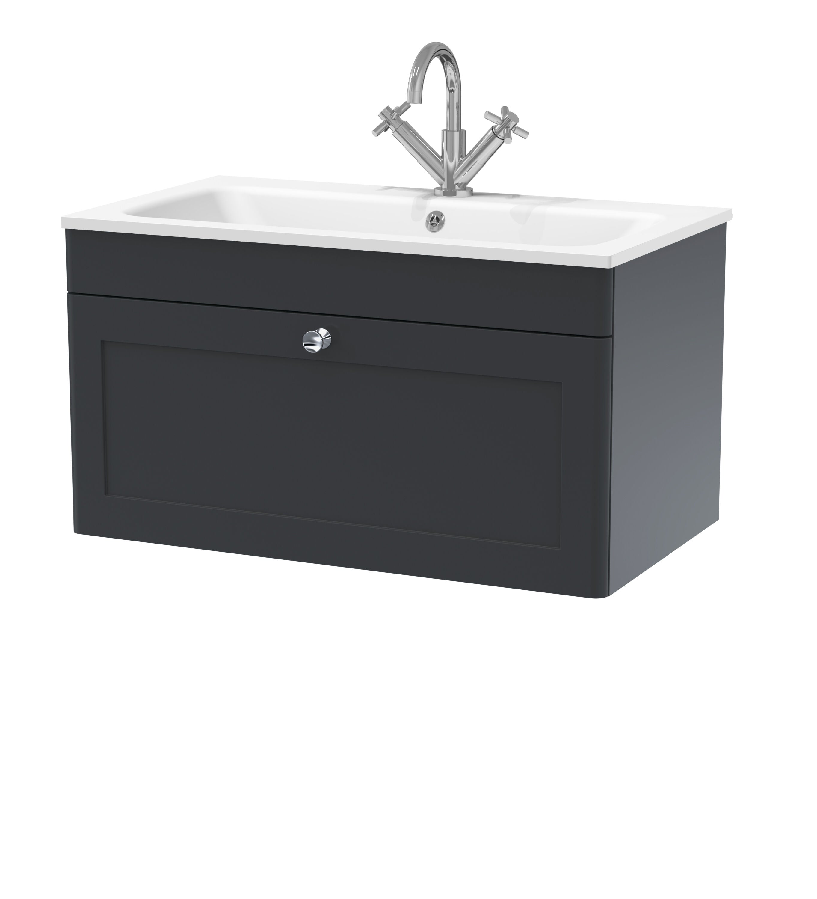 nuie Classique 800mm Soft Black 1 Drawer Wall Hung Vanity Unit With 1 Tap Hole Stone Basin