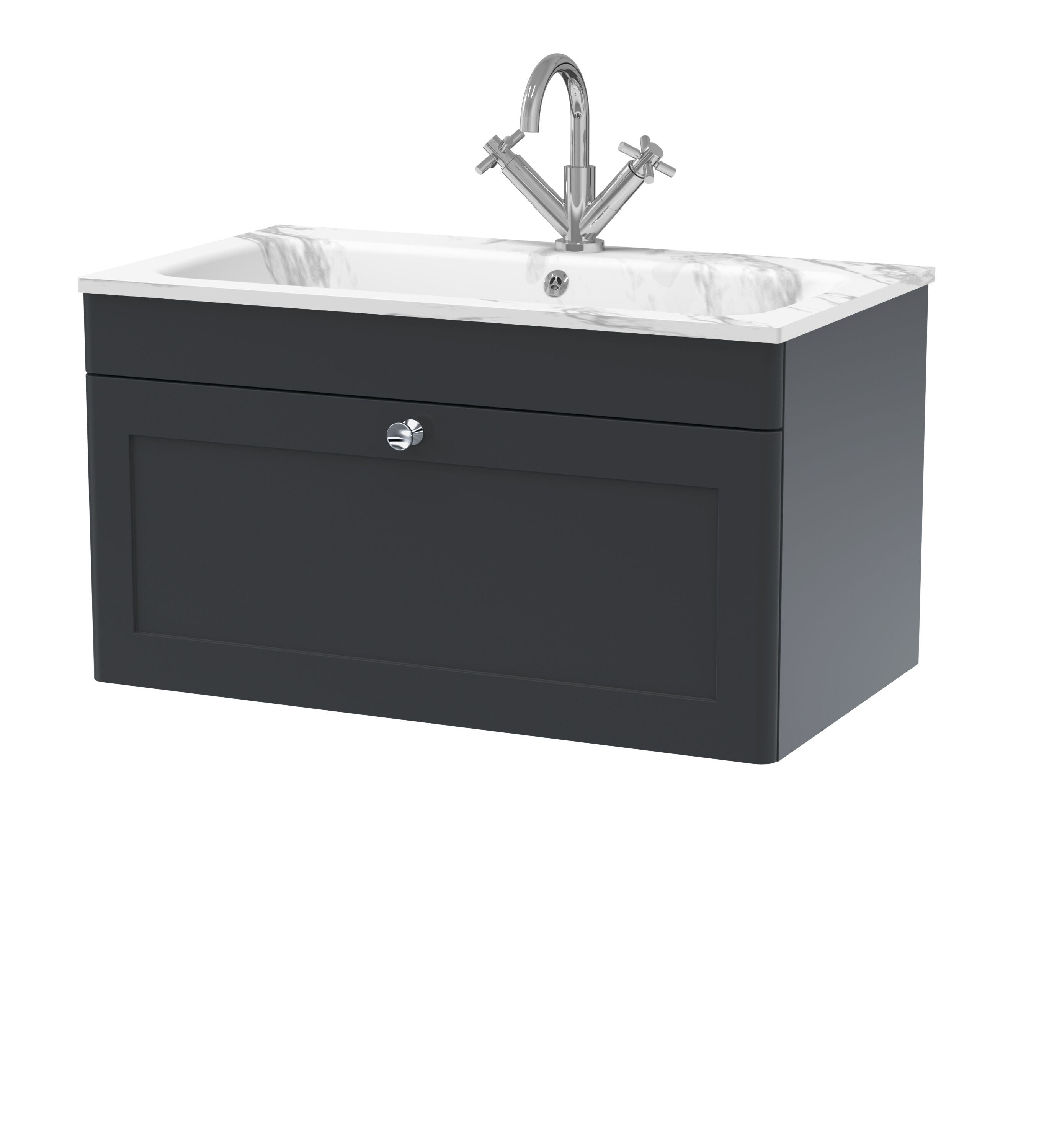 nuie Classique 800mm Soft Black 1 Drawer Wall Hung Vanity Unit With 1 Tap Hole Stone Basin