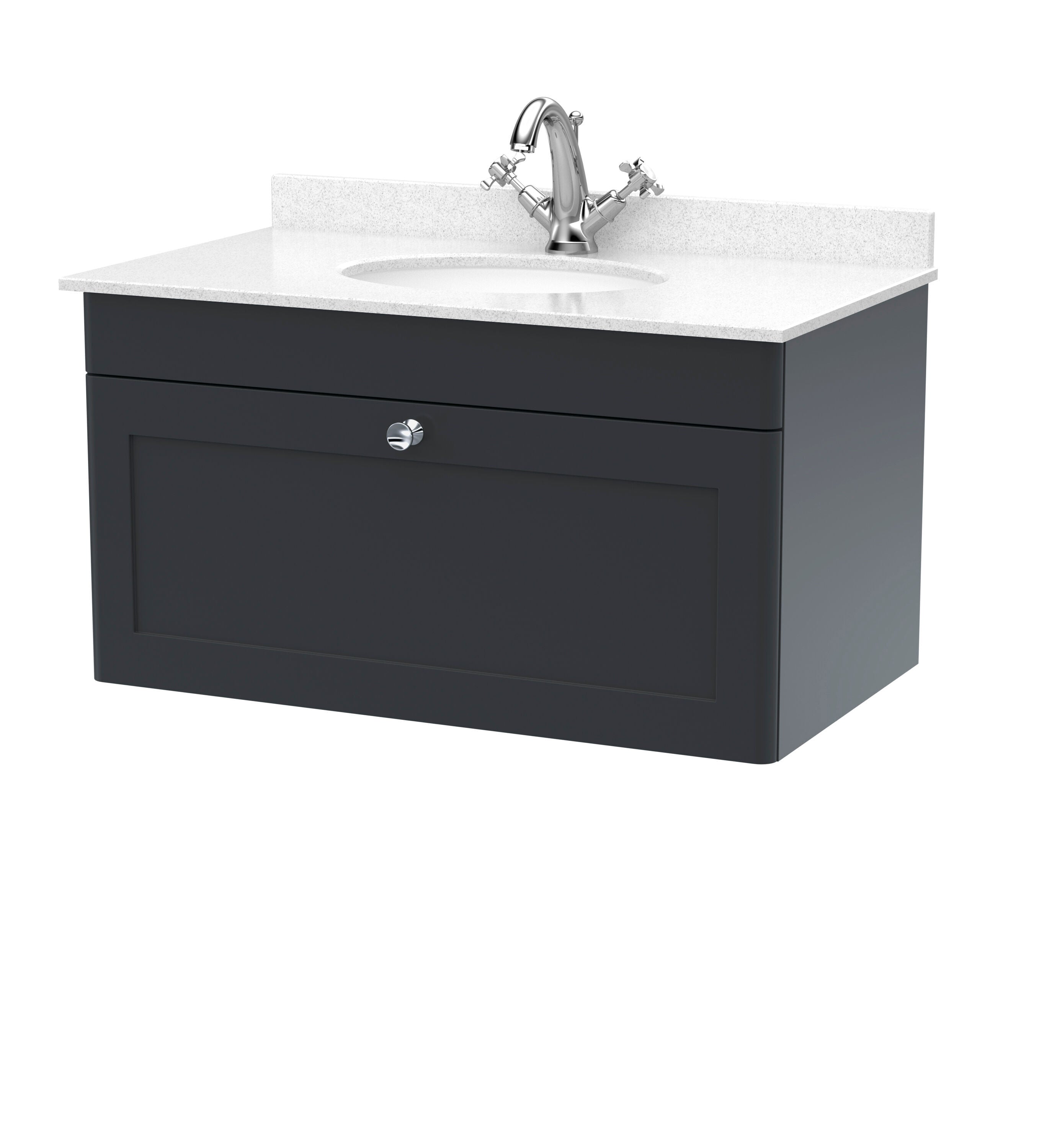 nuie Classique 800mm Soft Black 1 Drawer Wall Hung Vanity Unit With 1 Tap Hole Marble Basin