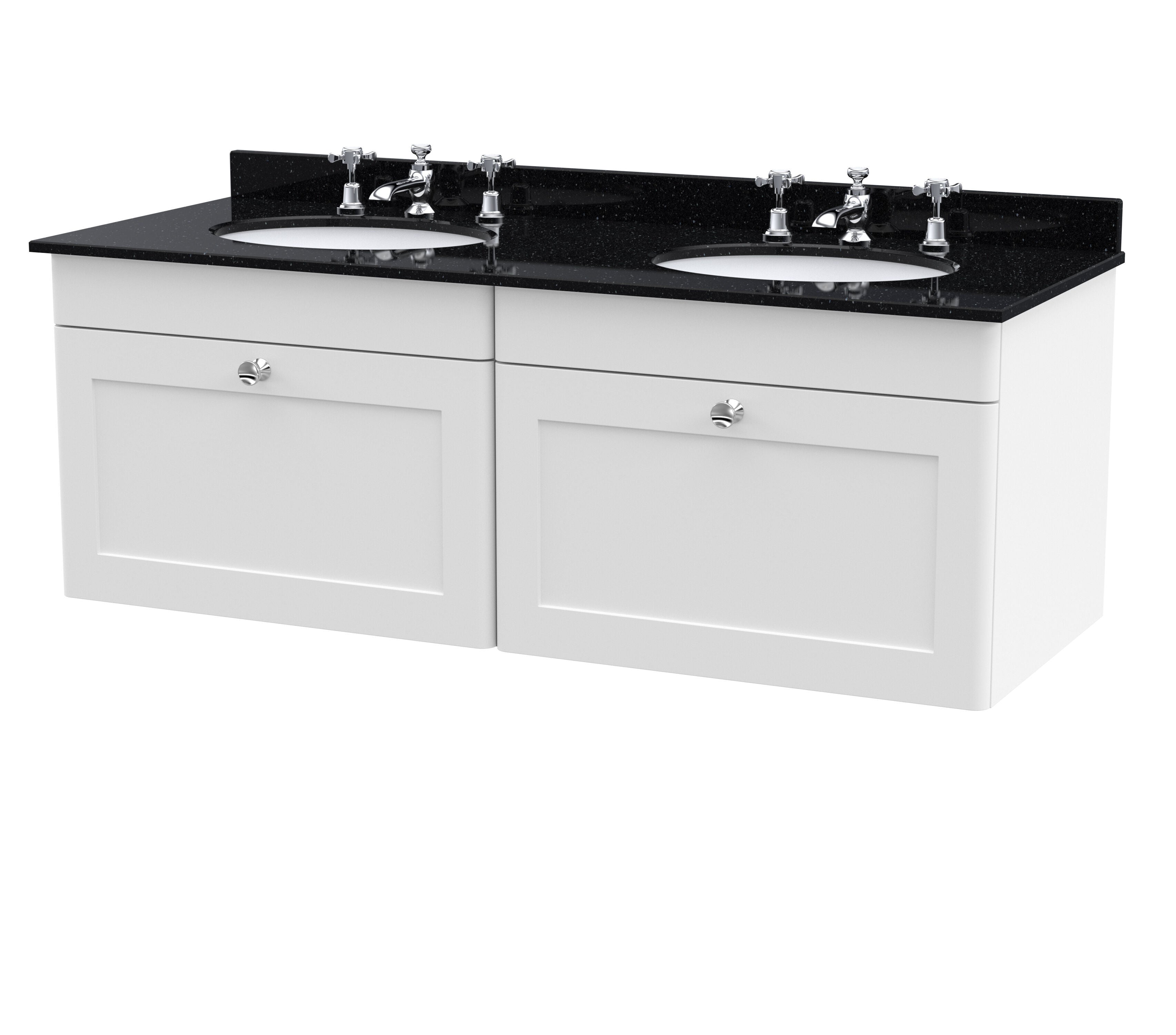 nuie Classique 1200mm Satin White 2 Drawer Wall Hung Vanity Unit With 6 Tap Hole Marble Basin