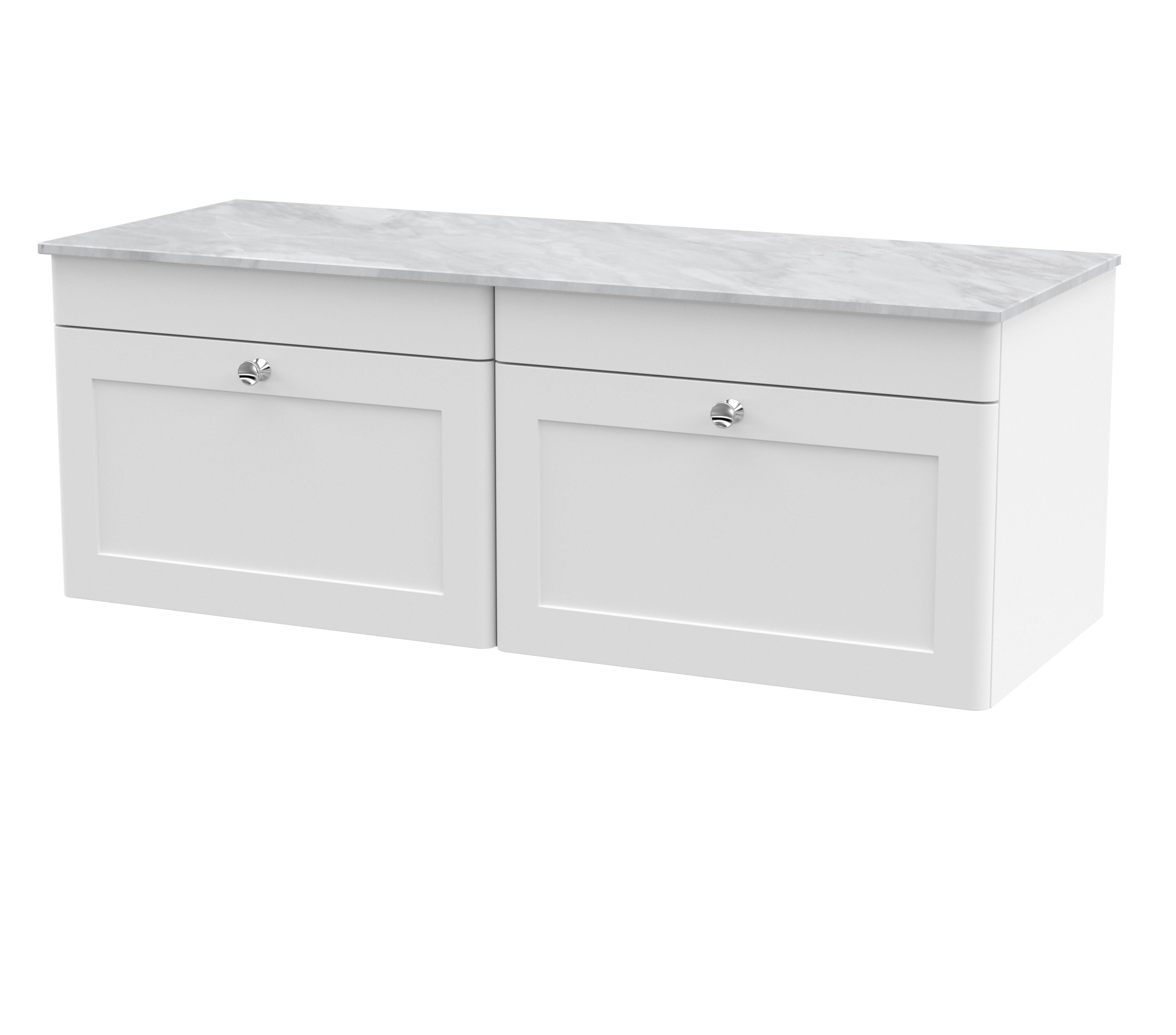 nuie Classique 1200mm Satin White 2 Drawer Wall Hung Vanity With Grey Marble Worktop