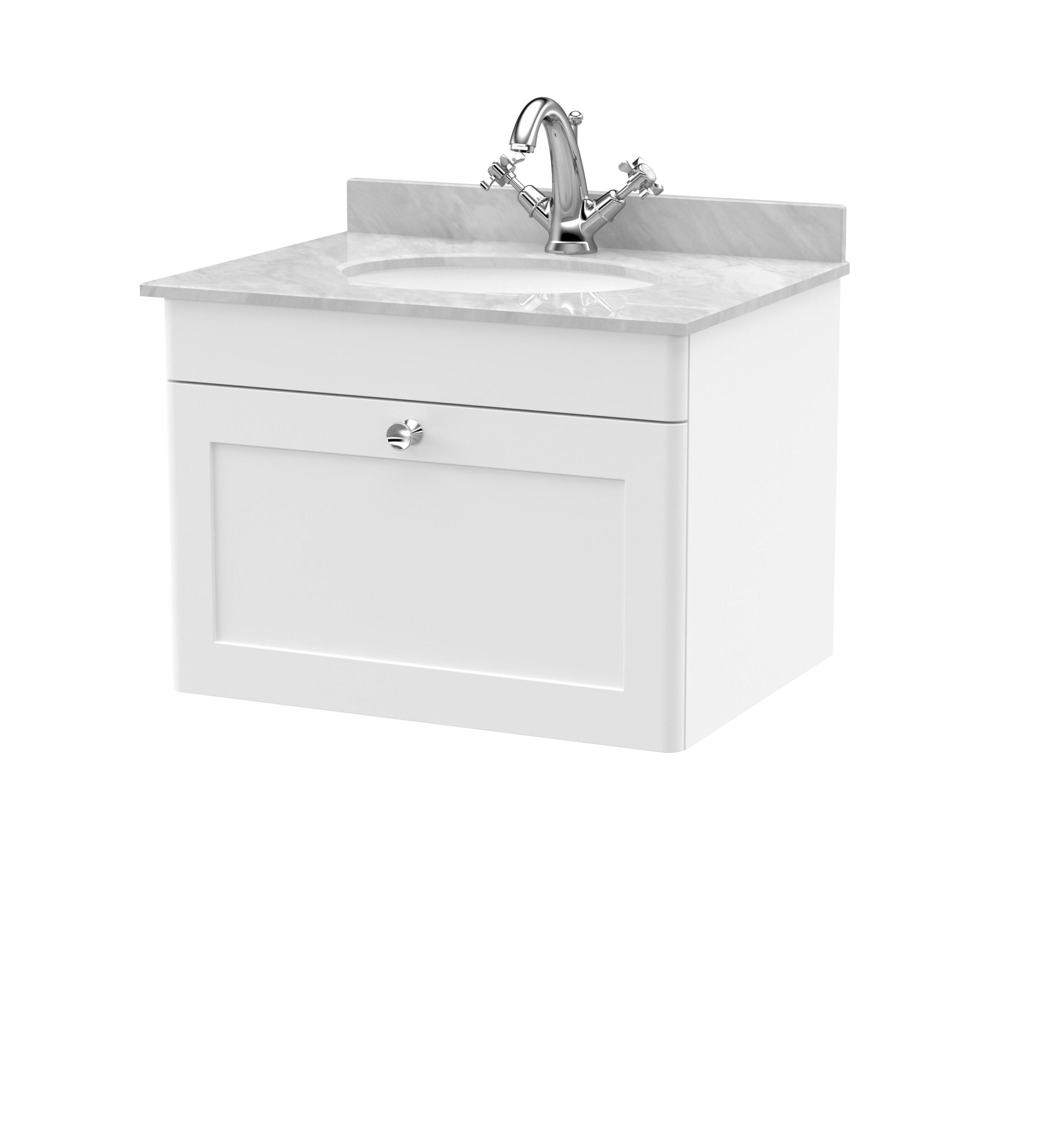 nuie Classique 600mm Satin White 1 Drawer Wall Hung Vanity Unit With 1 Tap Hole Marble Basin