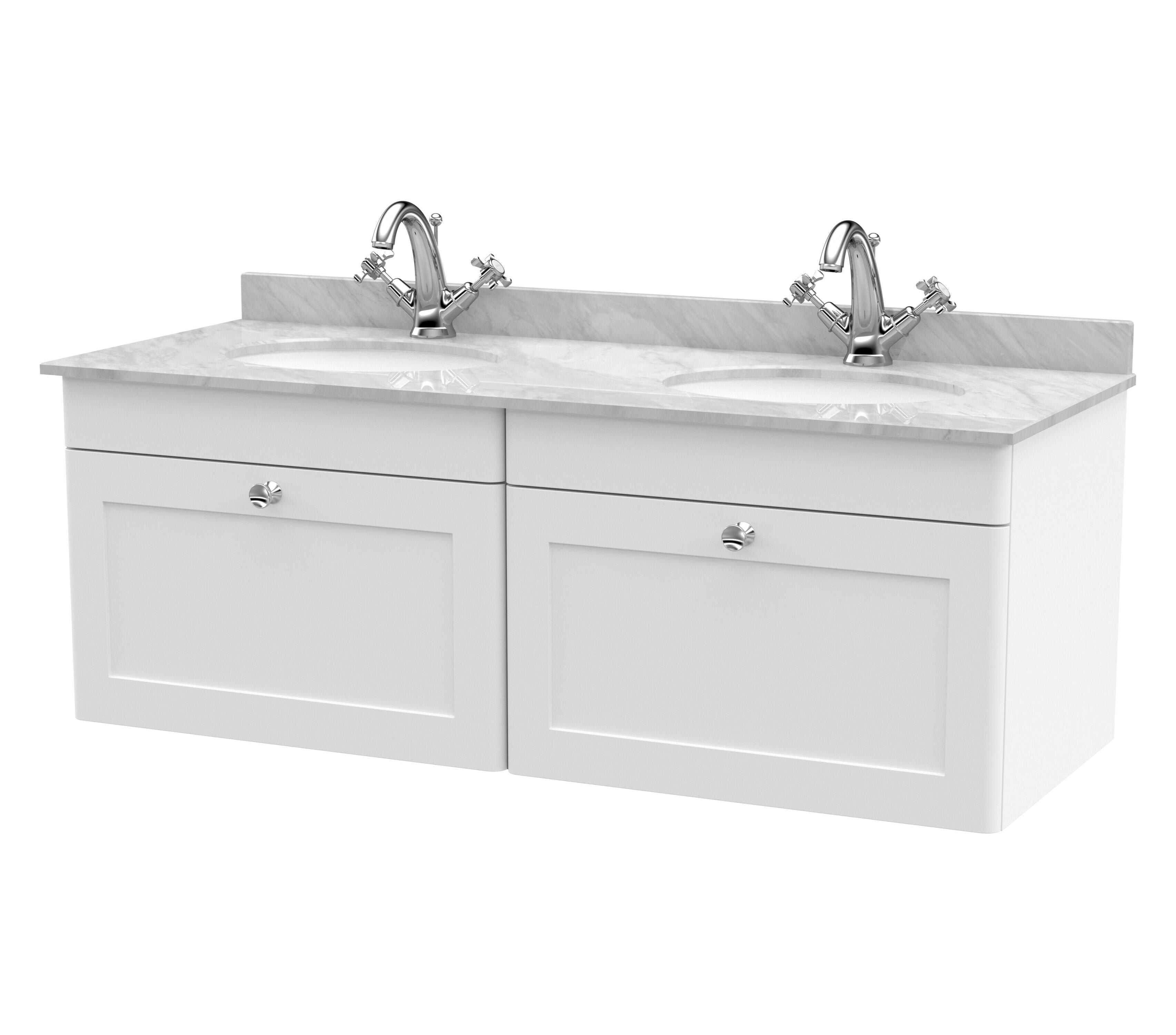 nuie Classique 1200mm Satin White 2 Drawer Wall Hung Vanity Unit With 2 Tap Hole Marble Basin