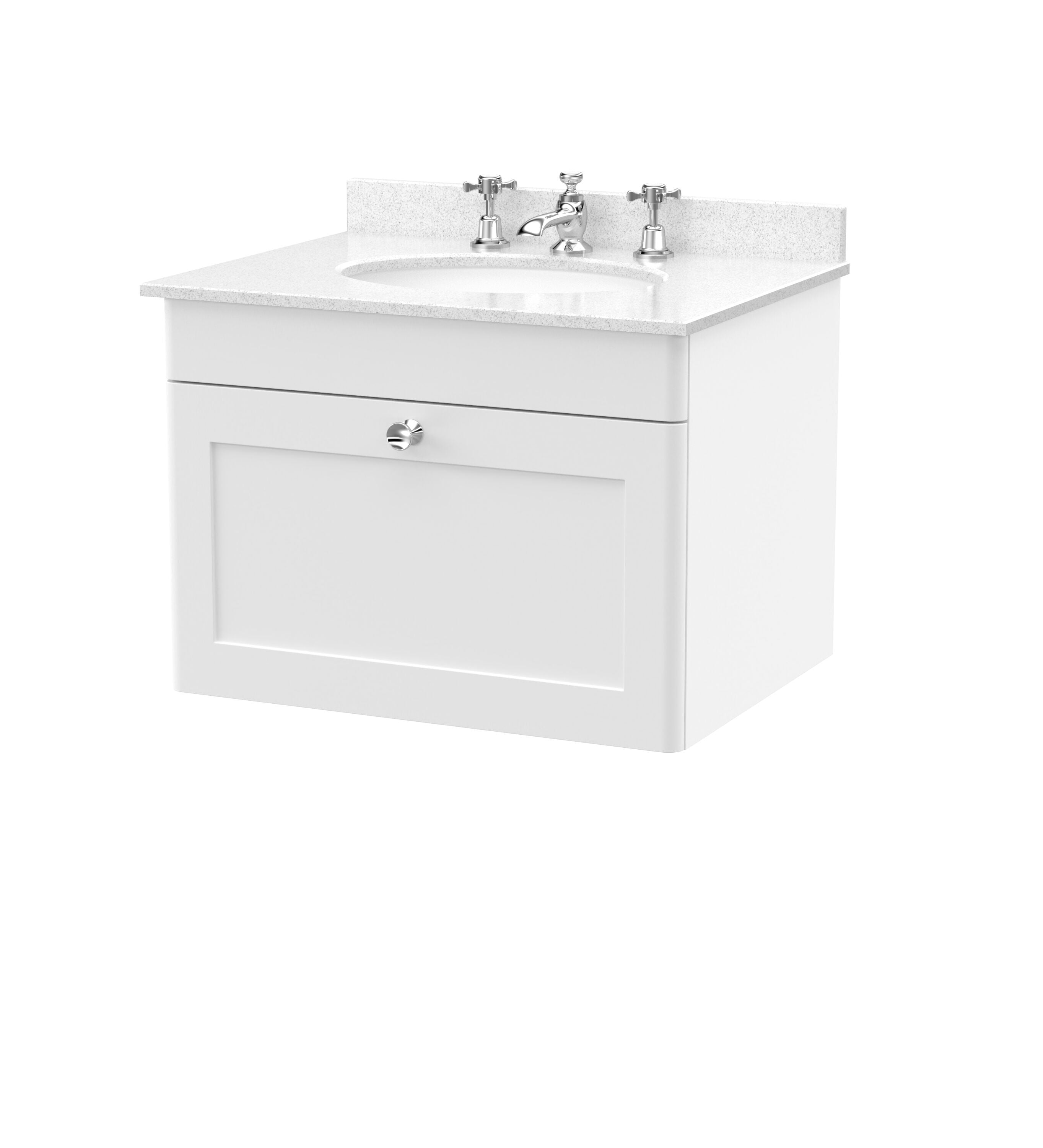 nuie Classique 600mm Satin White 1 Drawer Wall Hung Vanity Unit With 3 Tap Hole Marble Basin