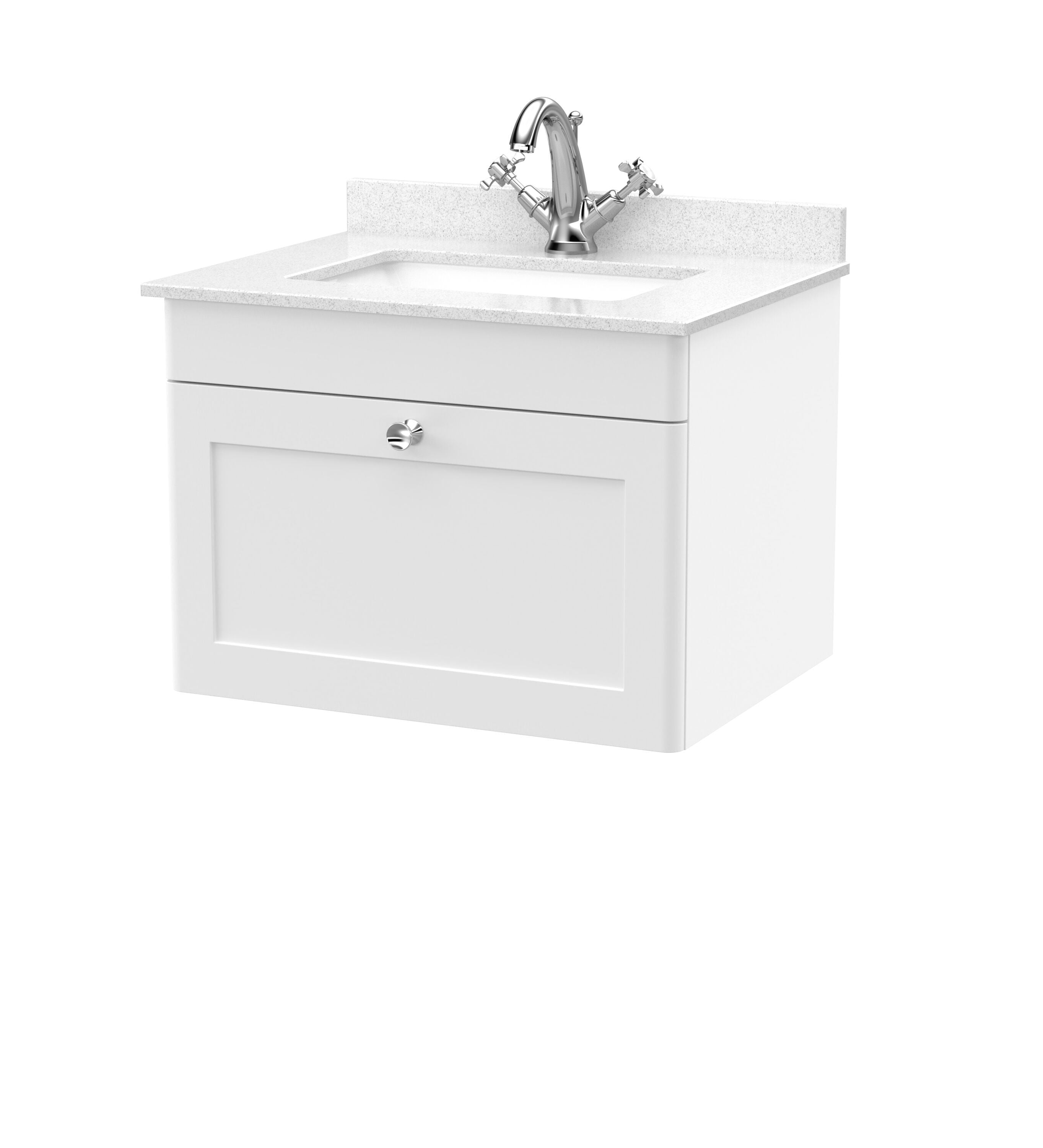nuie Classique 600mm Satin White 1 Drawer Wall Hung Vanity Unit With 1 Tap Hole Marble Basin