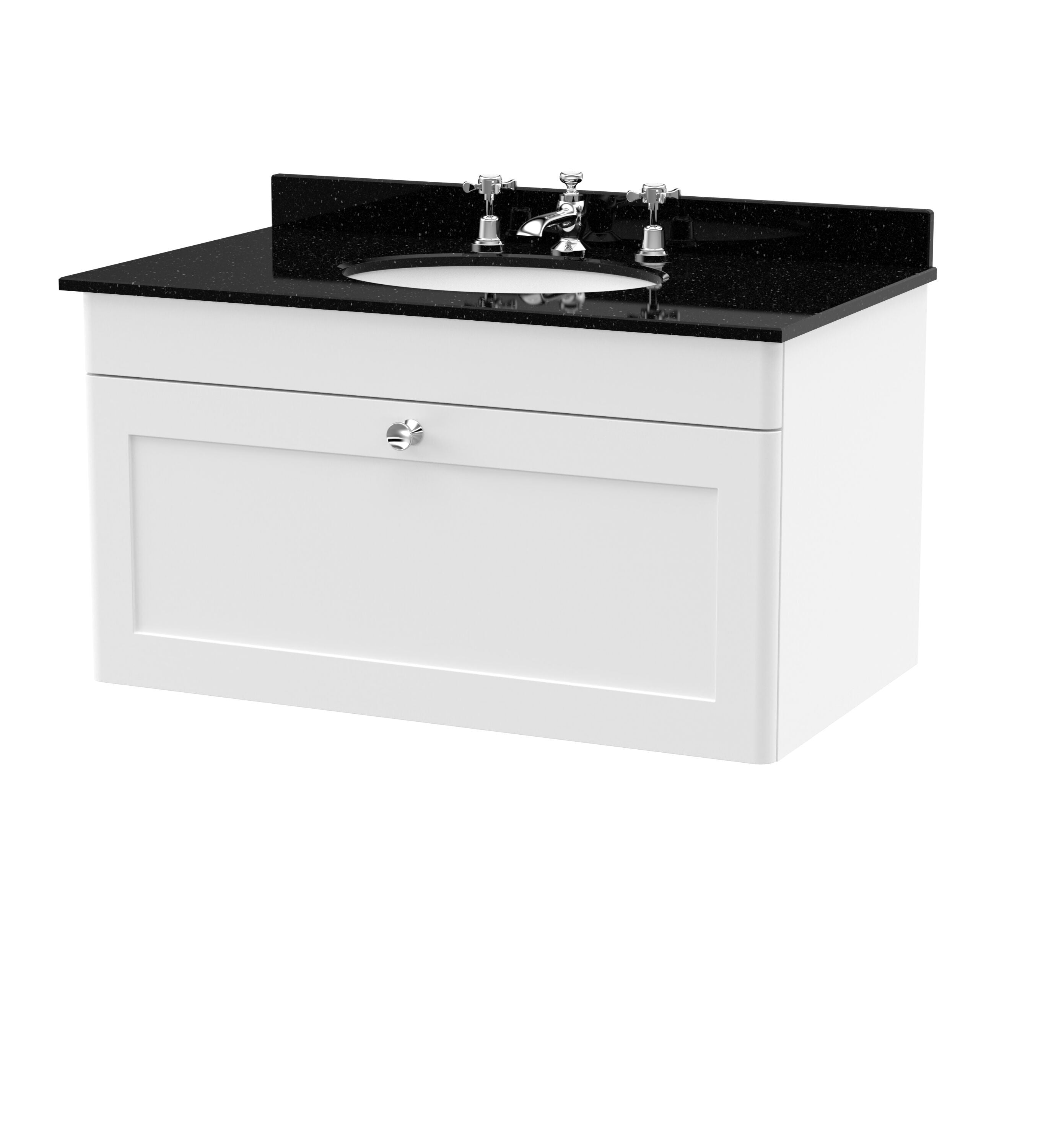 nuie Classique 800mm Satin White 1 Drawer Wall Hung Vanity Unit With 3 Tap Hole Marble Basin
