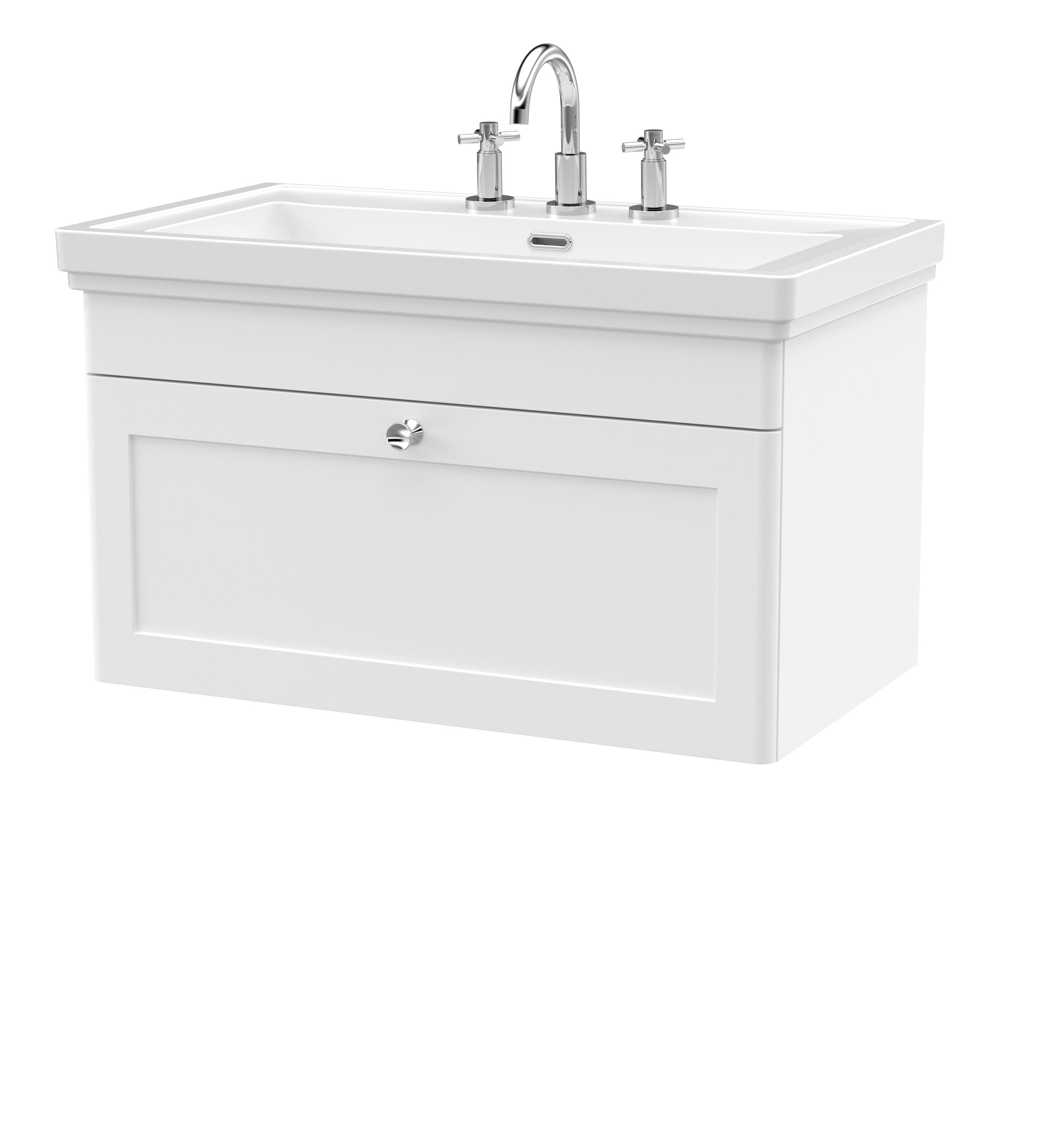 nuie Classique 800mm Satin White 1 Drawer Wall Hung Vanity Unit With 3 Tap Hole Basin