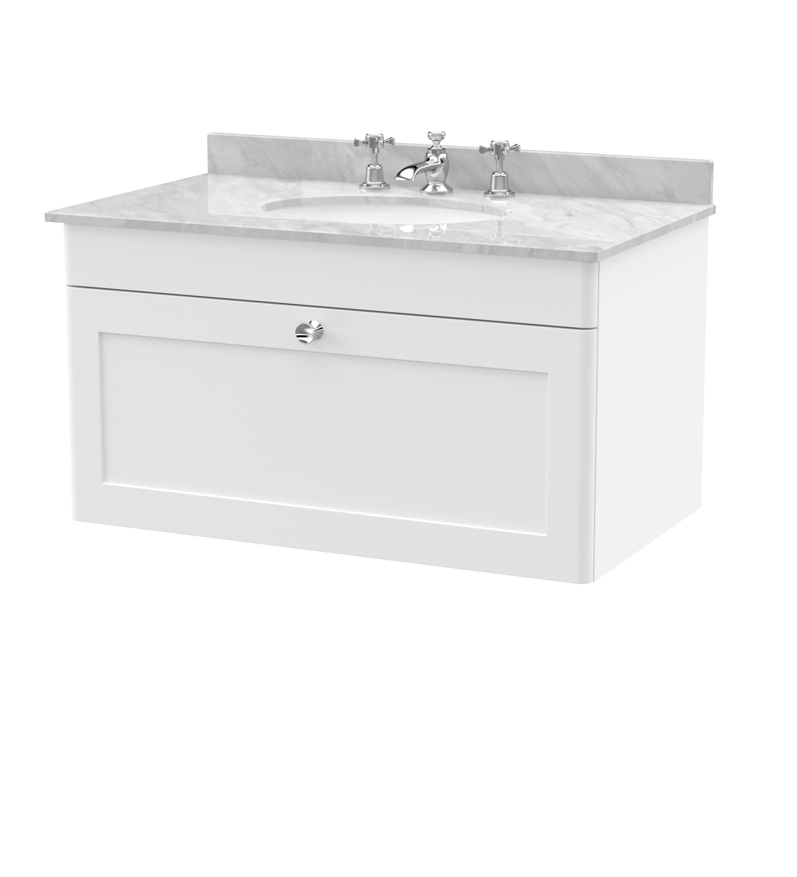 nuie Classique 800mm Satin White 1 Drawer Wall Hung Vanity Unit With 3 Tap Hole Marble Basin