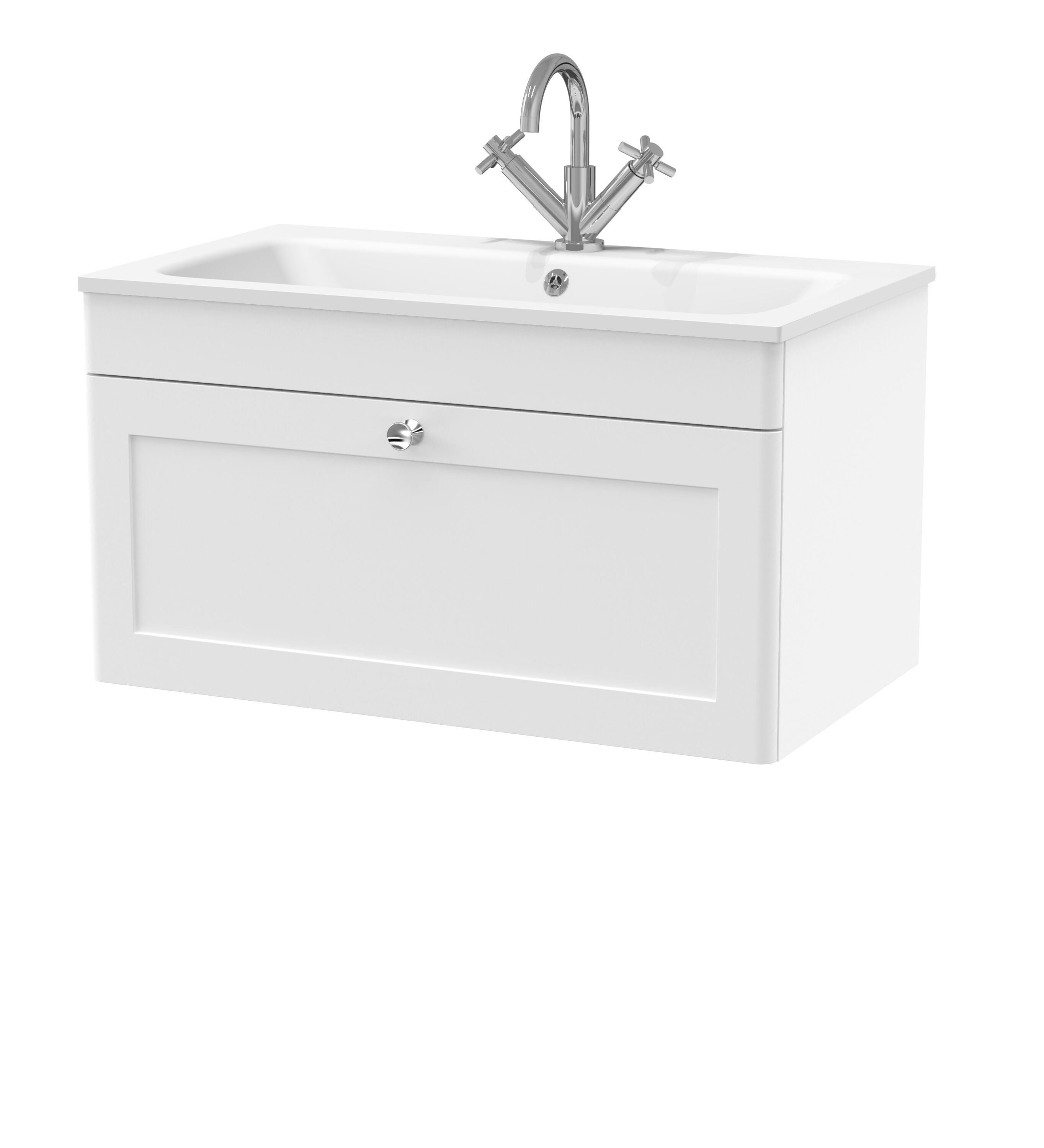 nuie Classique 800mm Satin White 1 Drawer Wall Hung Vanity Unit With 1 Tap Hole Stone Basin
