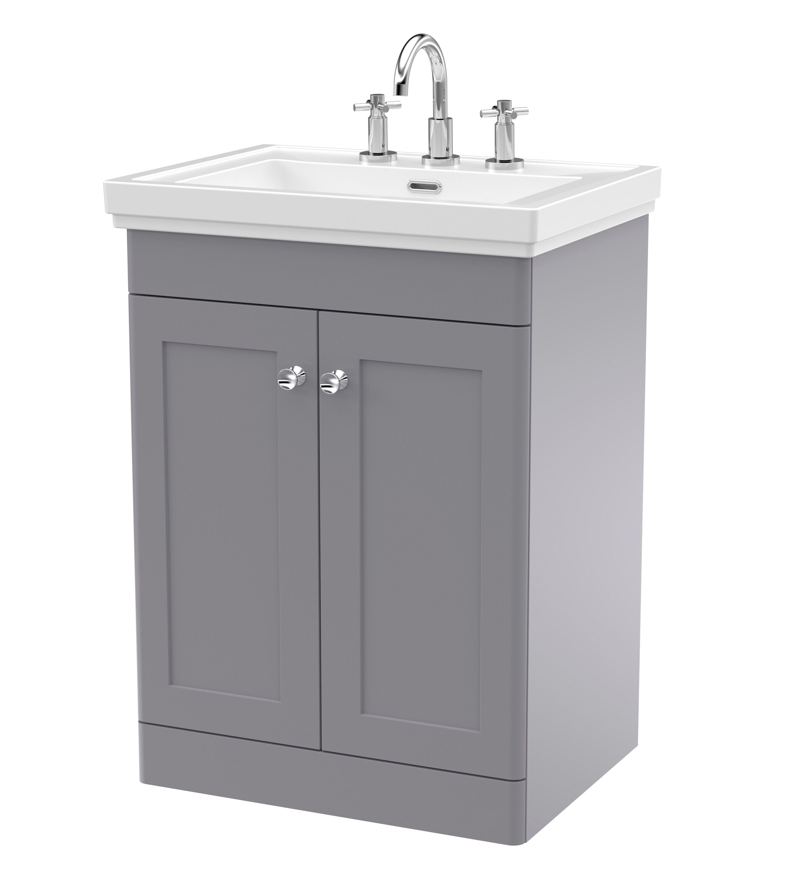 nuie Classique 600mm Satin Grey 2 Door Floor Standing Vanity Unit With 3 Tap Hole Basin