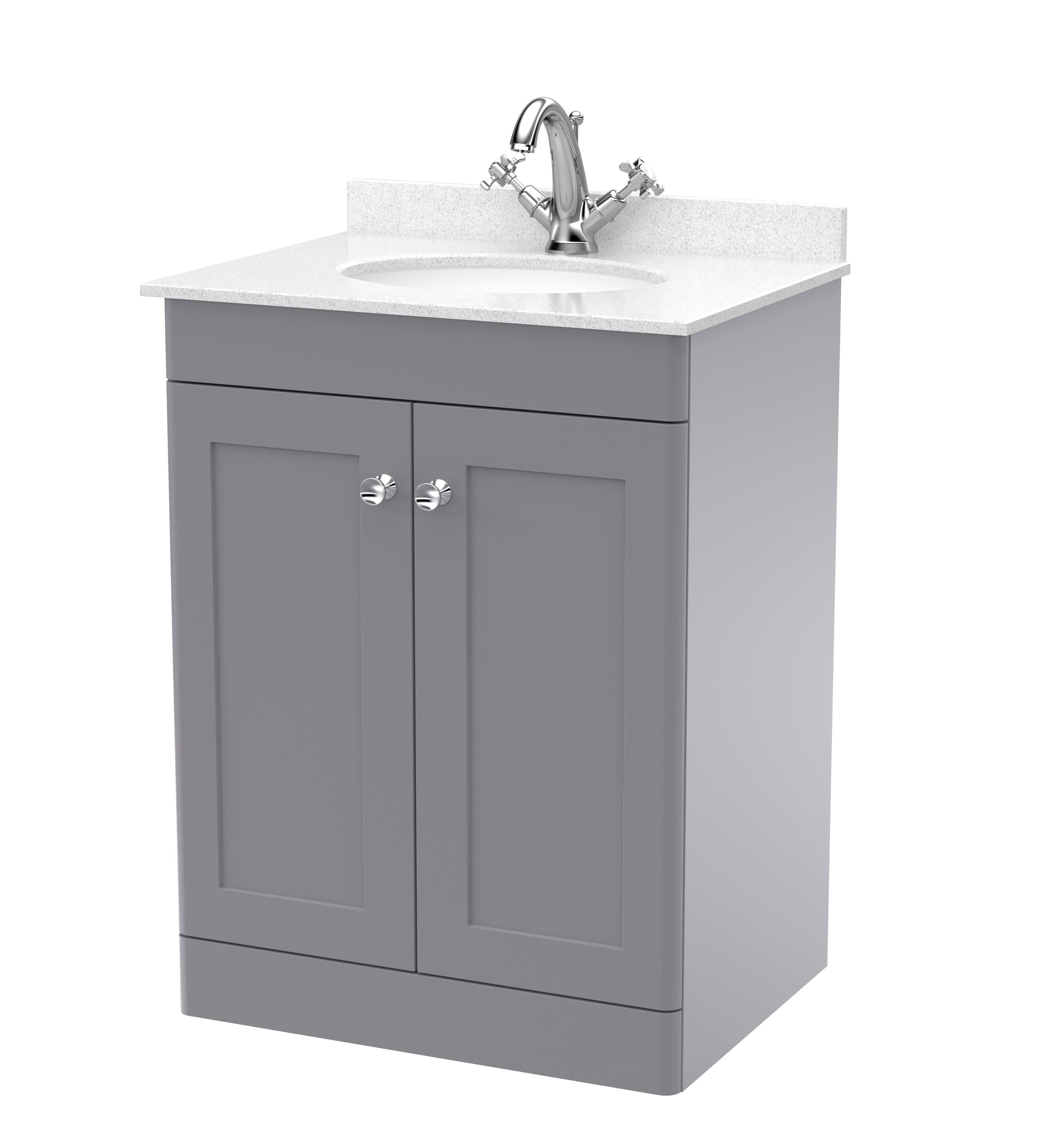 nuie Classique 600mm Satin Grey 2 Door Floor Standing Vanity Unit With 1 Tap Hole Marble Basin