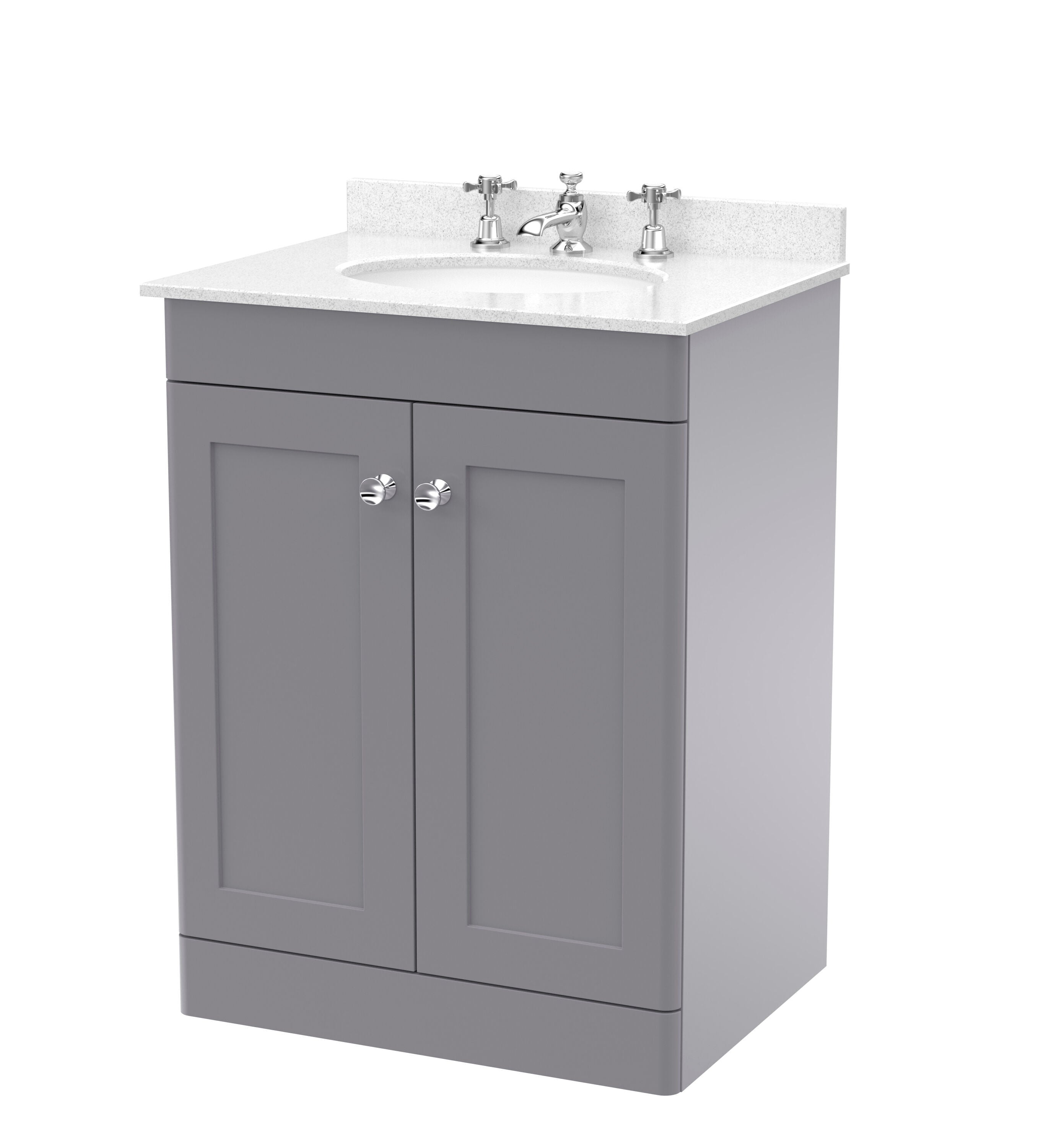 nuie Classique 600mm Satin Grey 2 Door Floor Standing Vanity Unit With 3 Tap Hole Marble Basin