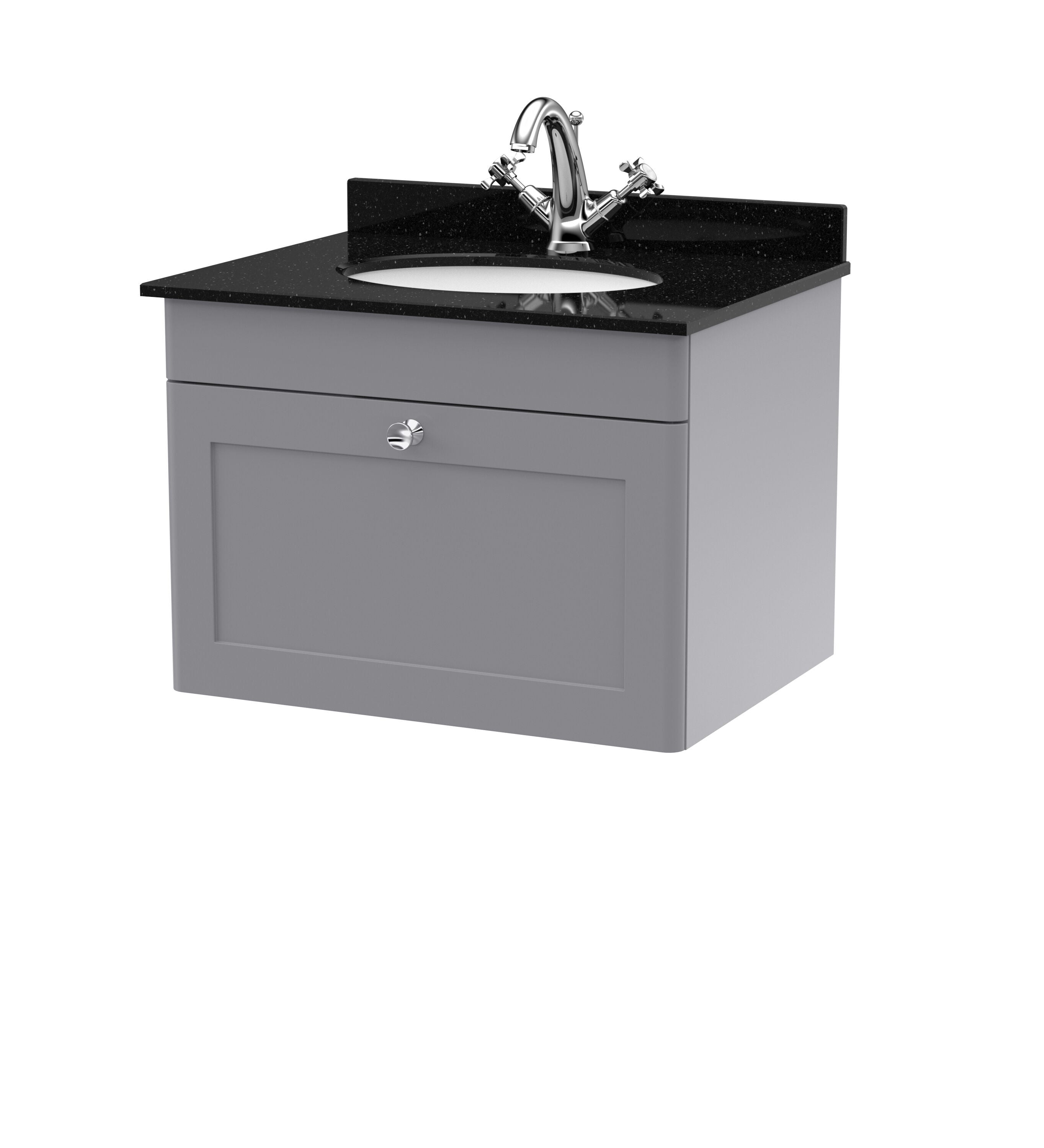 nuie Classique 600mm Satin Grey 1 Drawer Wall Hung Vanity Unit With 1 Tap Hole Marble Basin