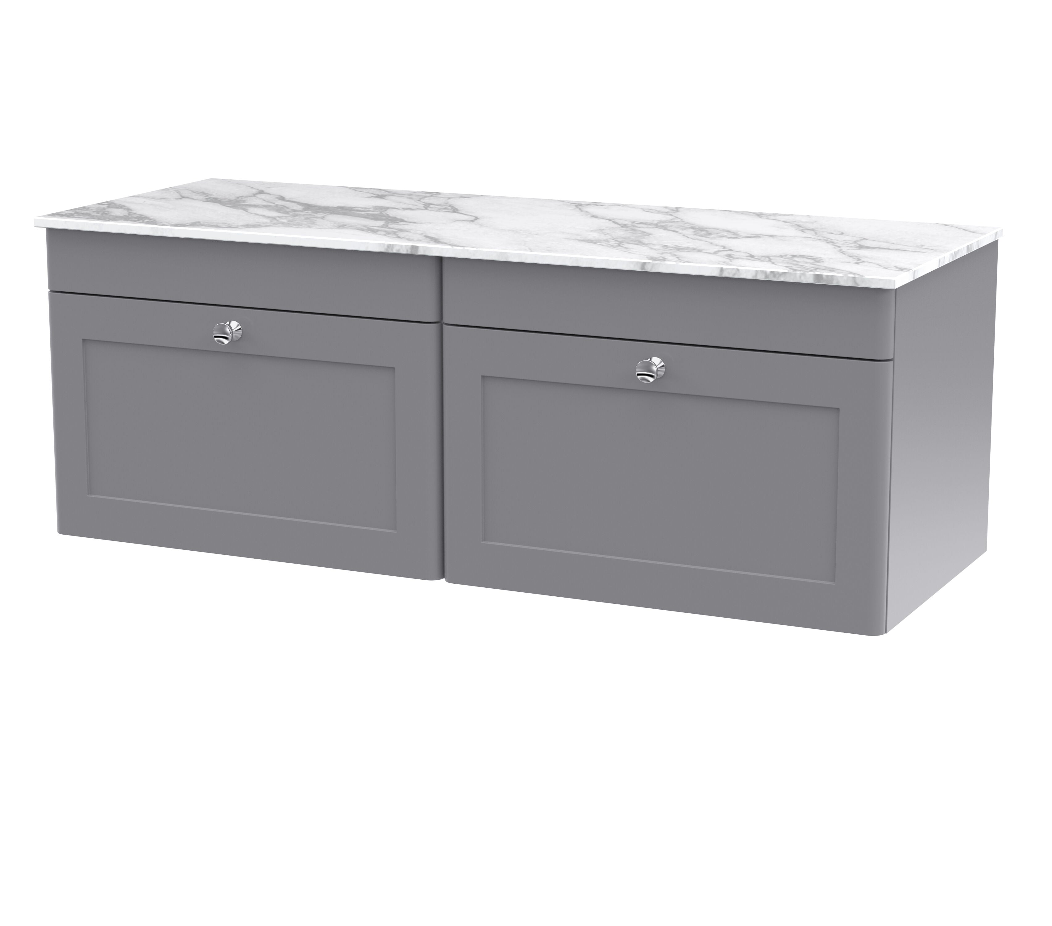 nuie Classique 1200mm Satin Grey 2 Drawer Wall Hung Vanity Unit With Carrara Marble Worktop