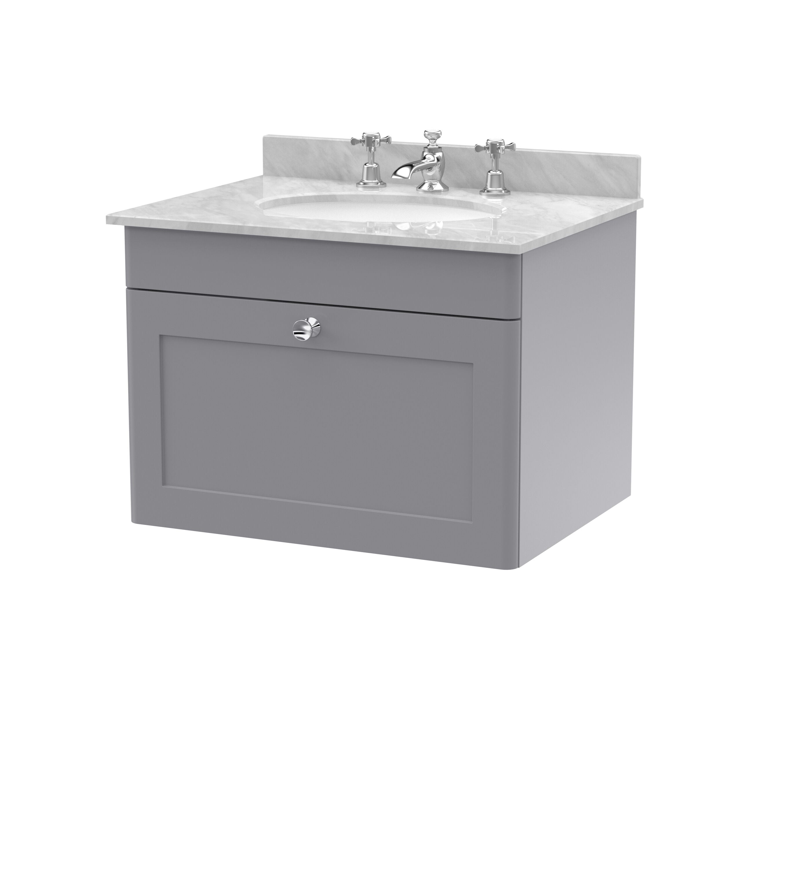 nuie Classique 600mm Satin Grey 1 Drawer Wall Hung Vanity Unit With 3 Tap Hole Marble Basin
