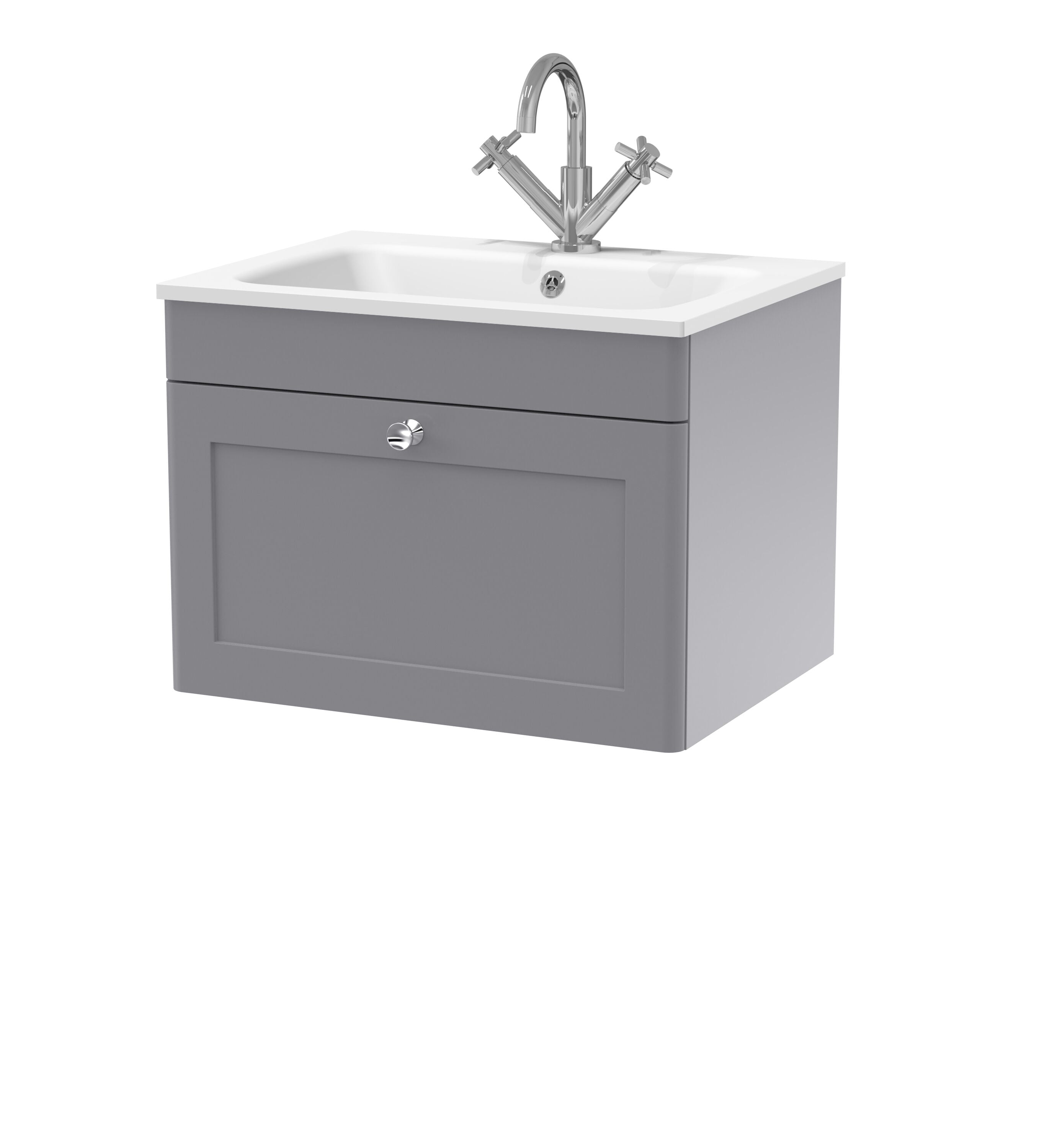 nuie Classique 600mm Satin Grey 1 Drawer Wall Hung Vanity Unit With 1 Tap Hole Stone Basin