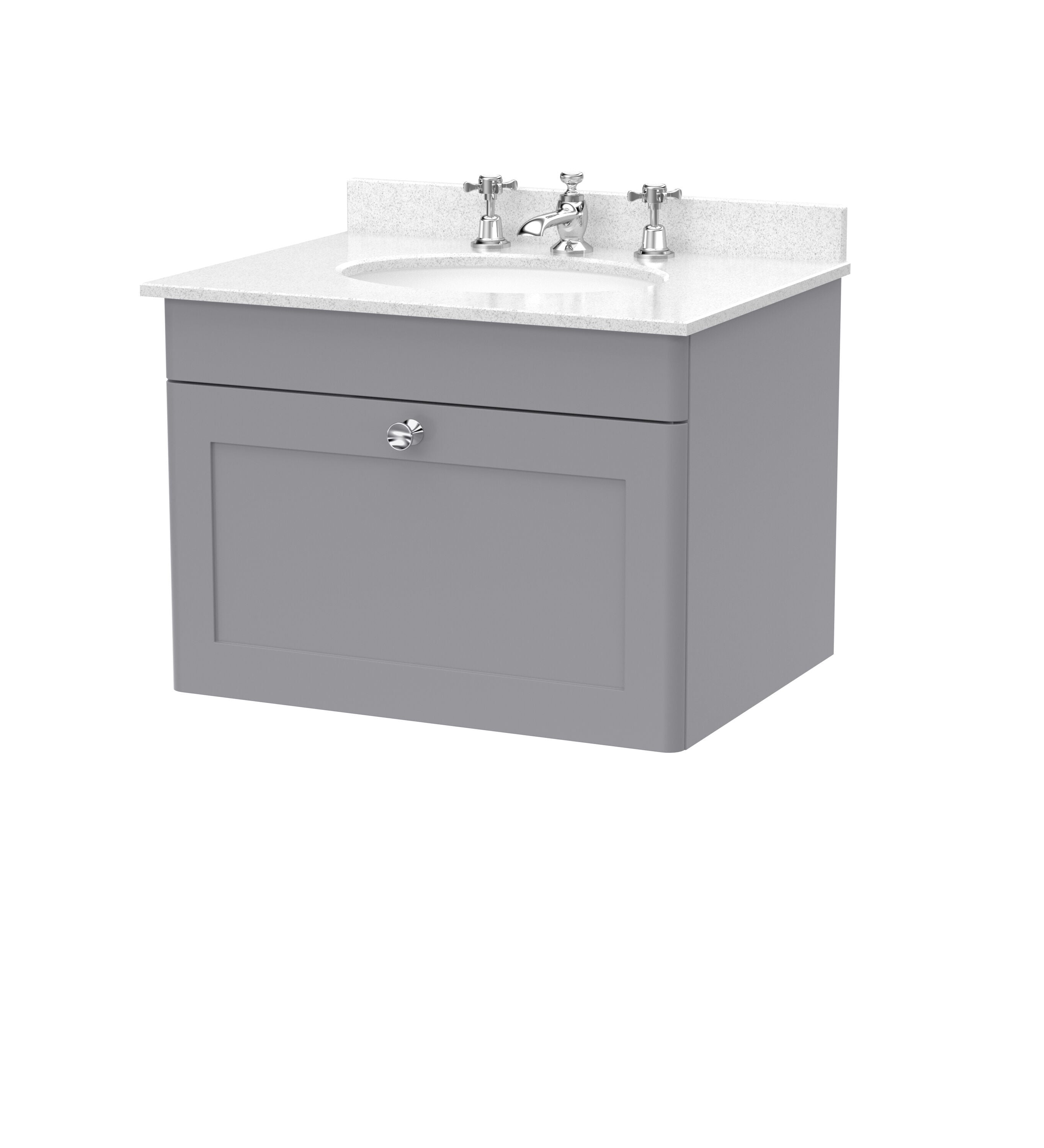 nuie Classique 600mm Satin Grey 1 Drawer Wall Hung Vanity Unit With 3 Tap Hole Marble Basin