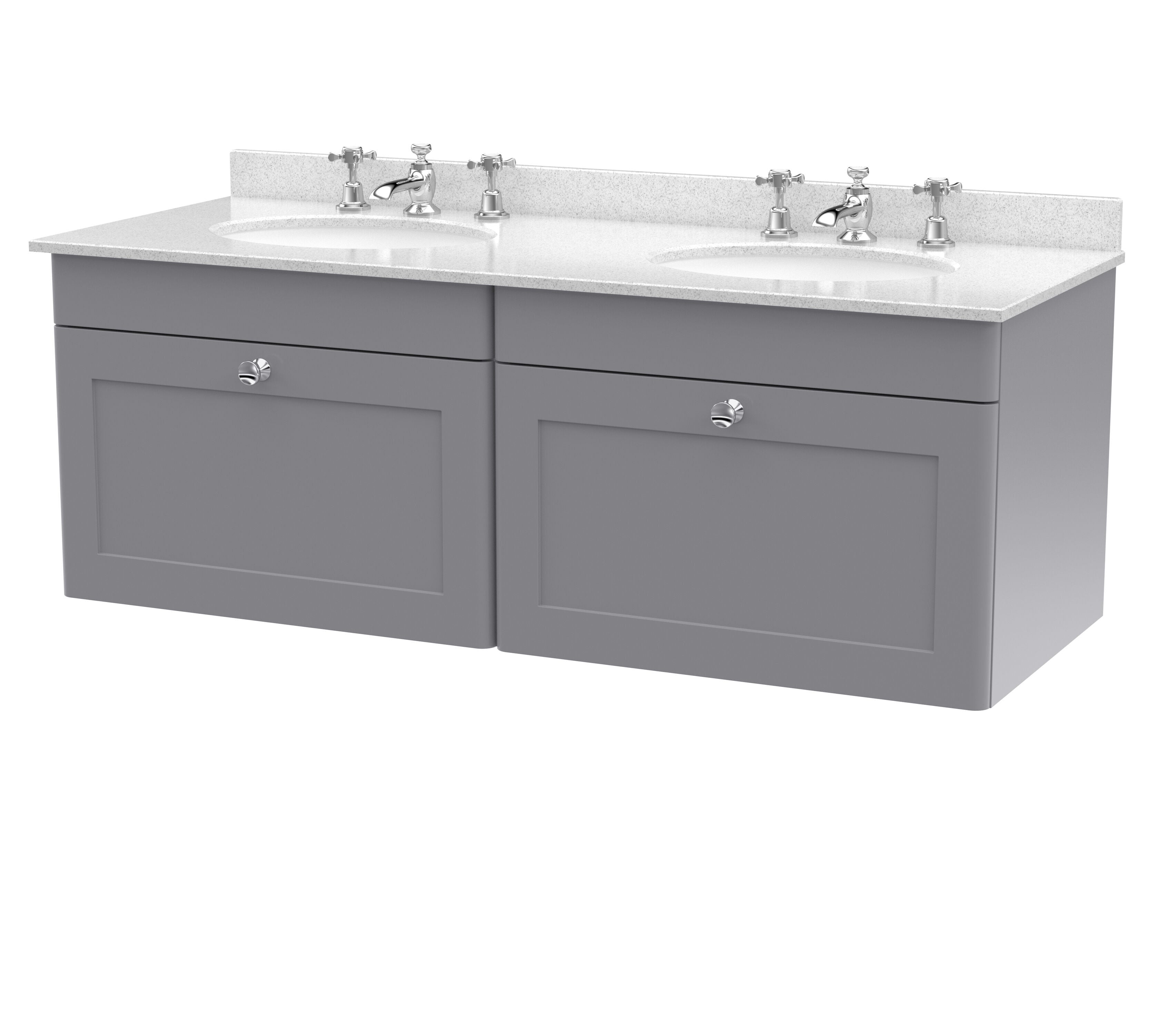 nuie Classique 1200mm Satin Grey 2 Drawer Wall Hung Vanity Unit With 6 Tap Hole Marble Basin