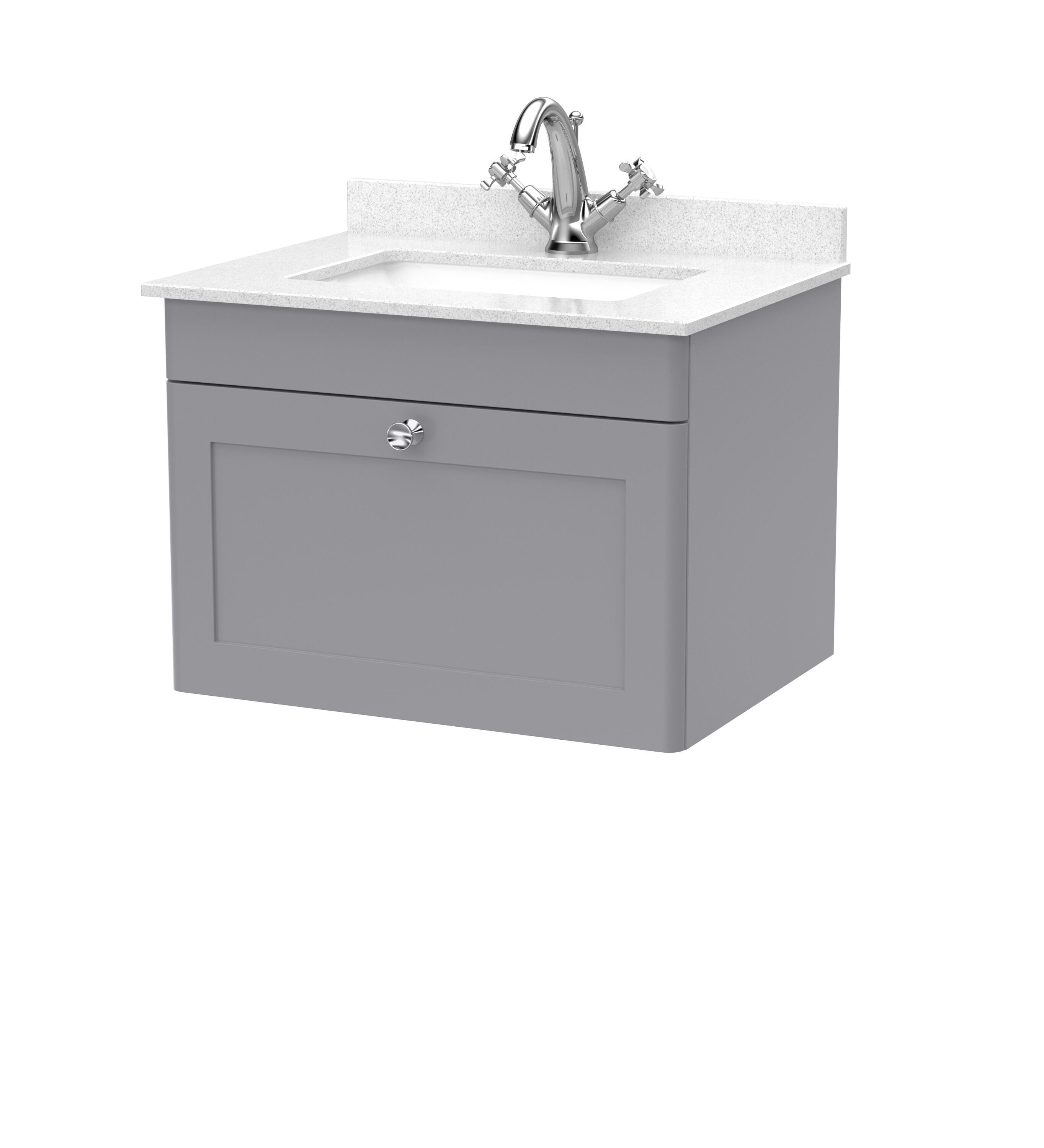 nuie Classique 600mm Satin Grey 1 Drawer Wall Hung Vanity Unit With 1 Tap Hole Marble Basin