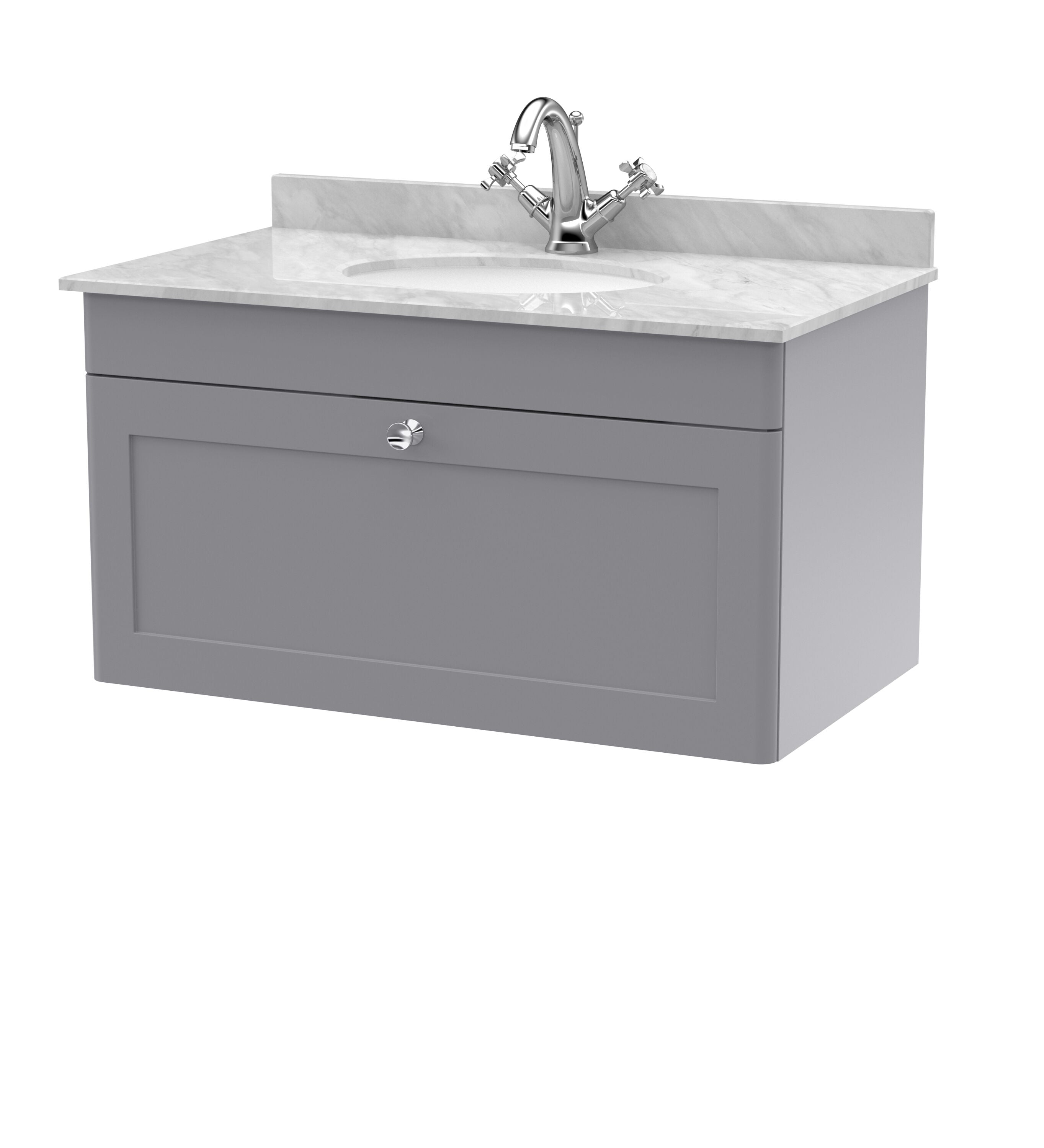 nuie Classique 800mm Satin Grey 1 Drawer Wall Hung Vanity Unit With 1 Tap Hole Marble Basin