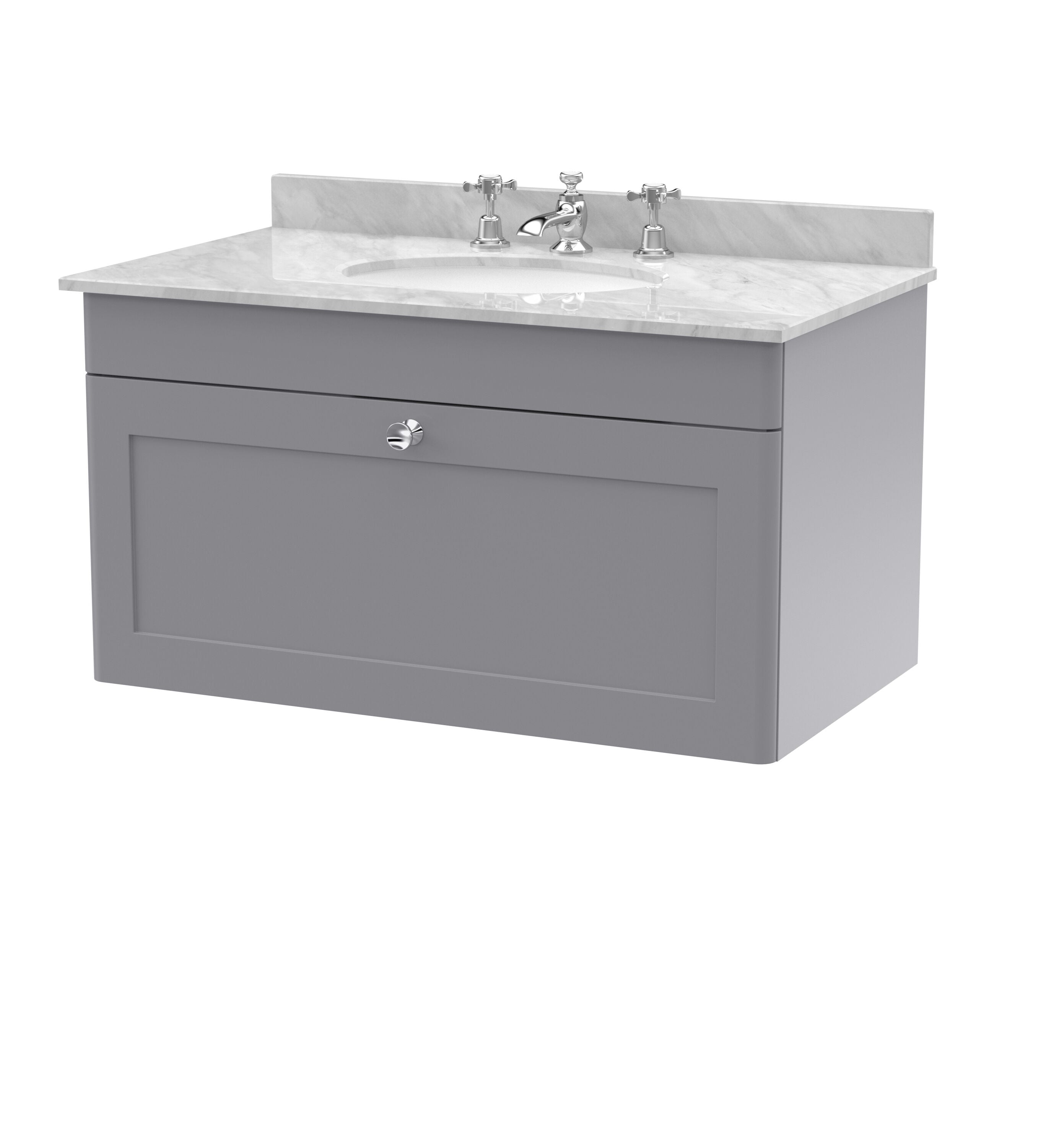 nuie Classique 800mm Satin Grey 1 Drawer Wall Hung Vanity Unit With 3 Tap Hole Marble Basin