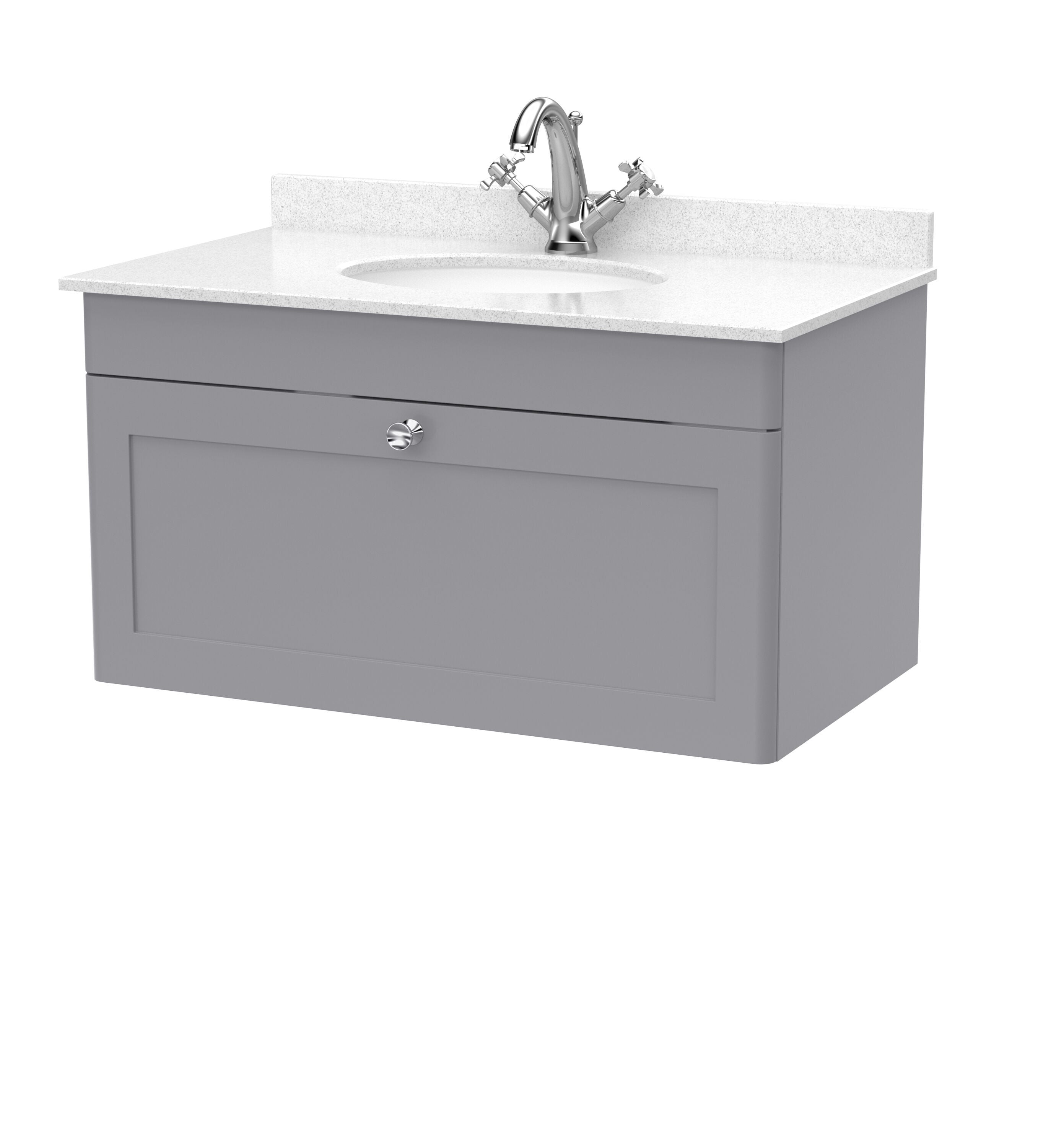 nuie Classique 800mm Satin Grey 1 Drawer Wall Hung Vanity Unit With 1 Tap Hole Marble Basin
