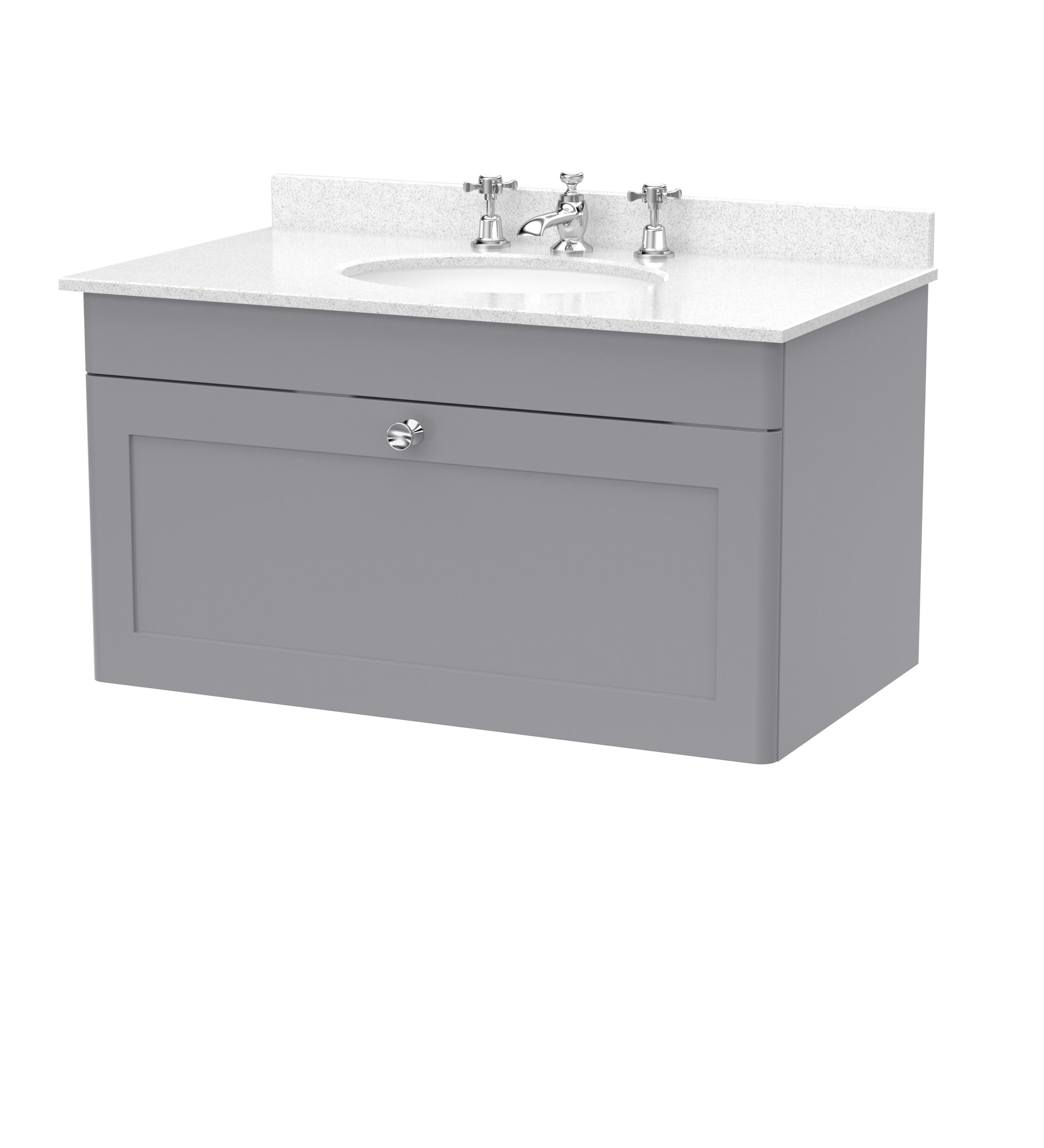 nuie Classique 800mm Satin Grey 1 Drawer Wall Hung Vanity Unit With 3 Tap Hole Marble Basin