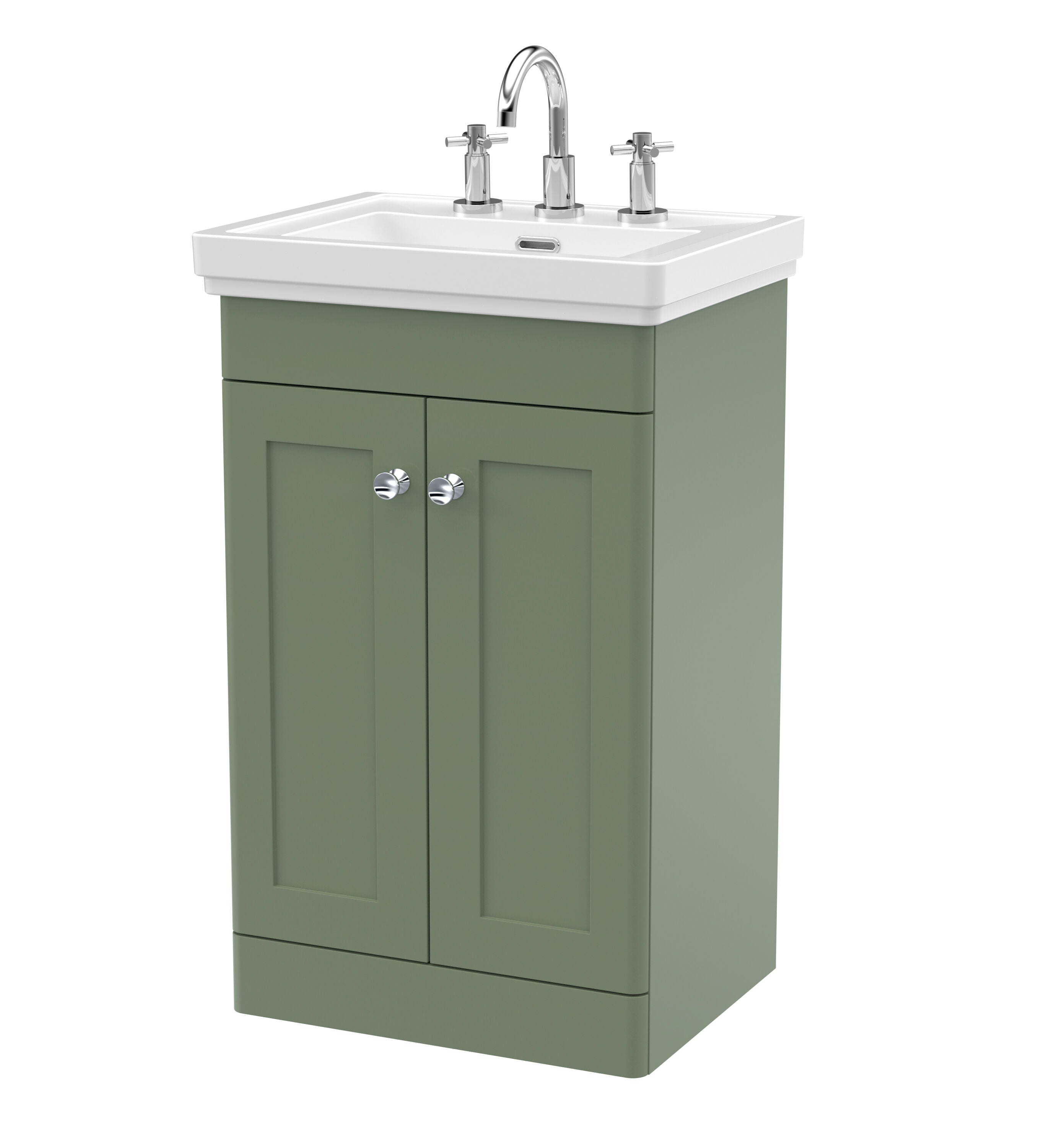 nuie Classique 500mm Satin Green 2 Door Floor Standing Vanity Unit With 3 Tap Hole Basin