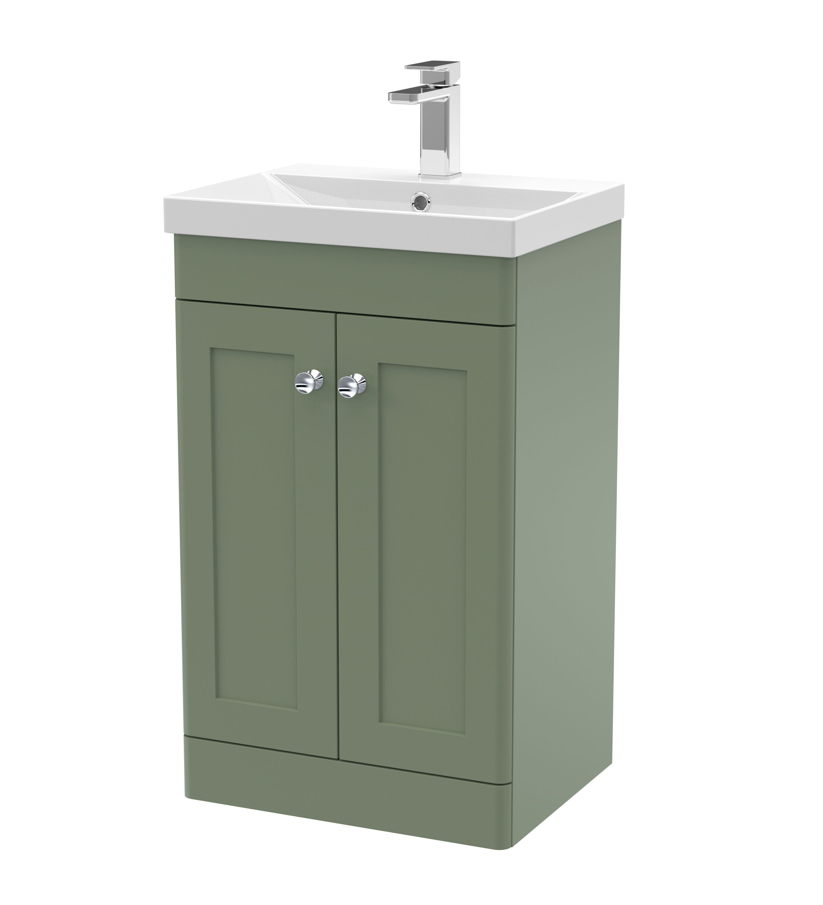 nuie Classique 500mm Satin Green 2 Door Floor Standing Vanity Unit With Thin Edge Basin