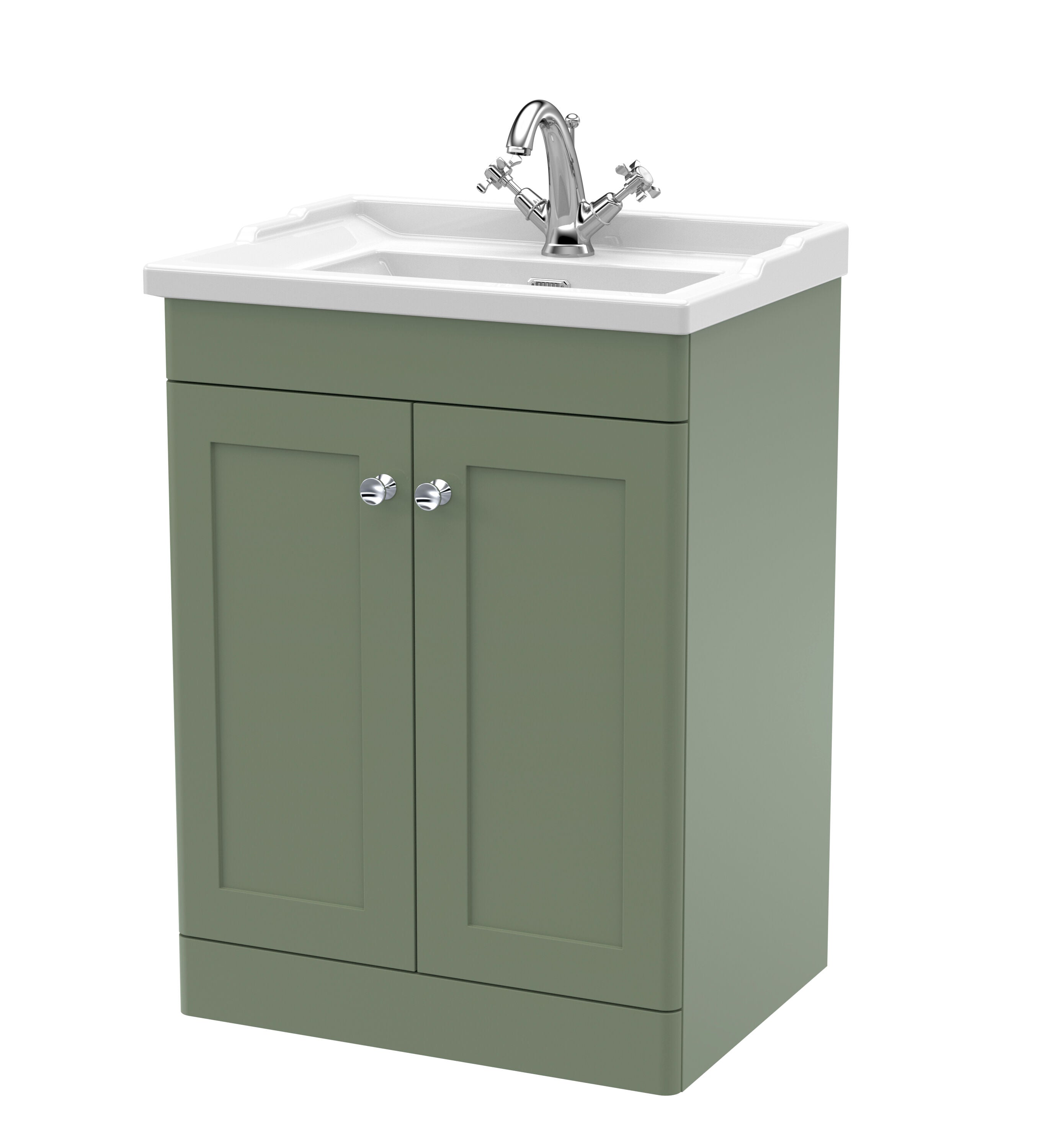 nuie Classique 600mm Satin Green 2 Door Floor Standing Vanity Unit With 1 Tap Hole Basin