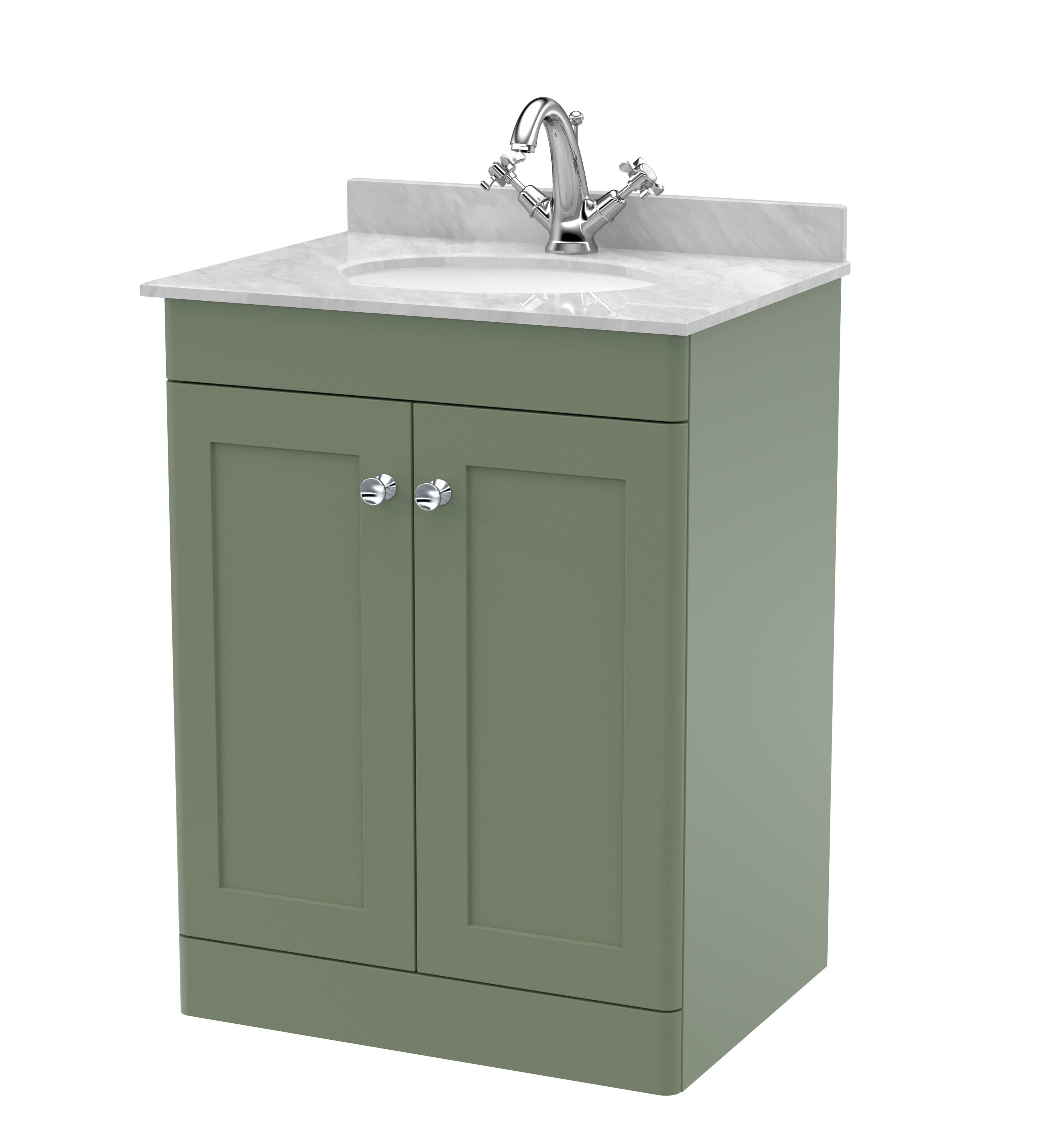 nuie Classique 600mm Satin Green 2 Door Floor Standing Vanity Unit With 1 Tap Hole Marble Basin