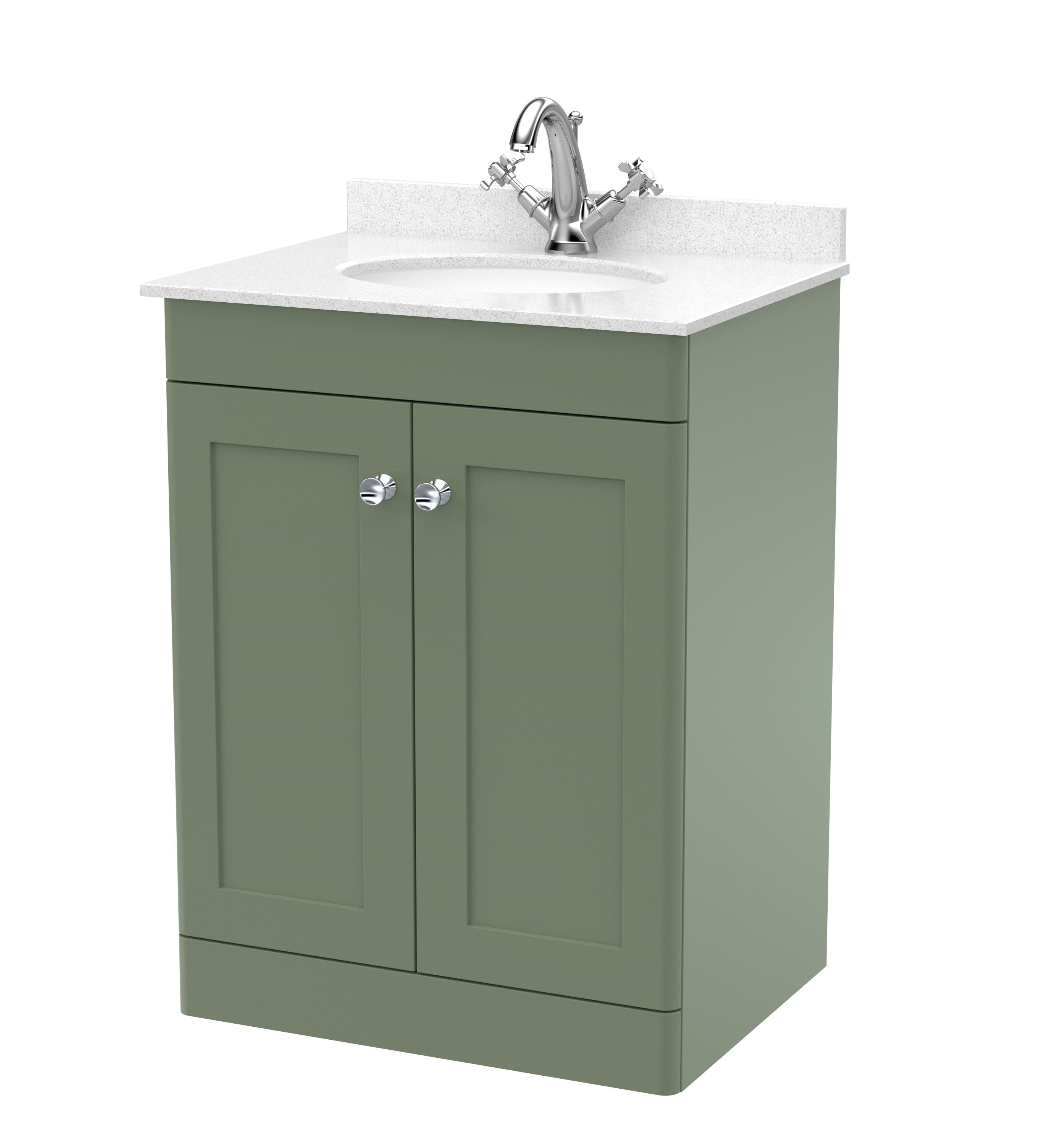 nuie Classique 600mm Satin Green 2 Door Floor Standing Vanity Unit With 1 Tap Hole Marble Basin