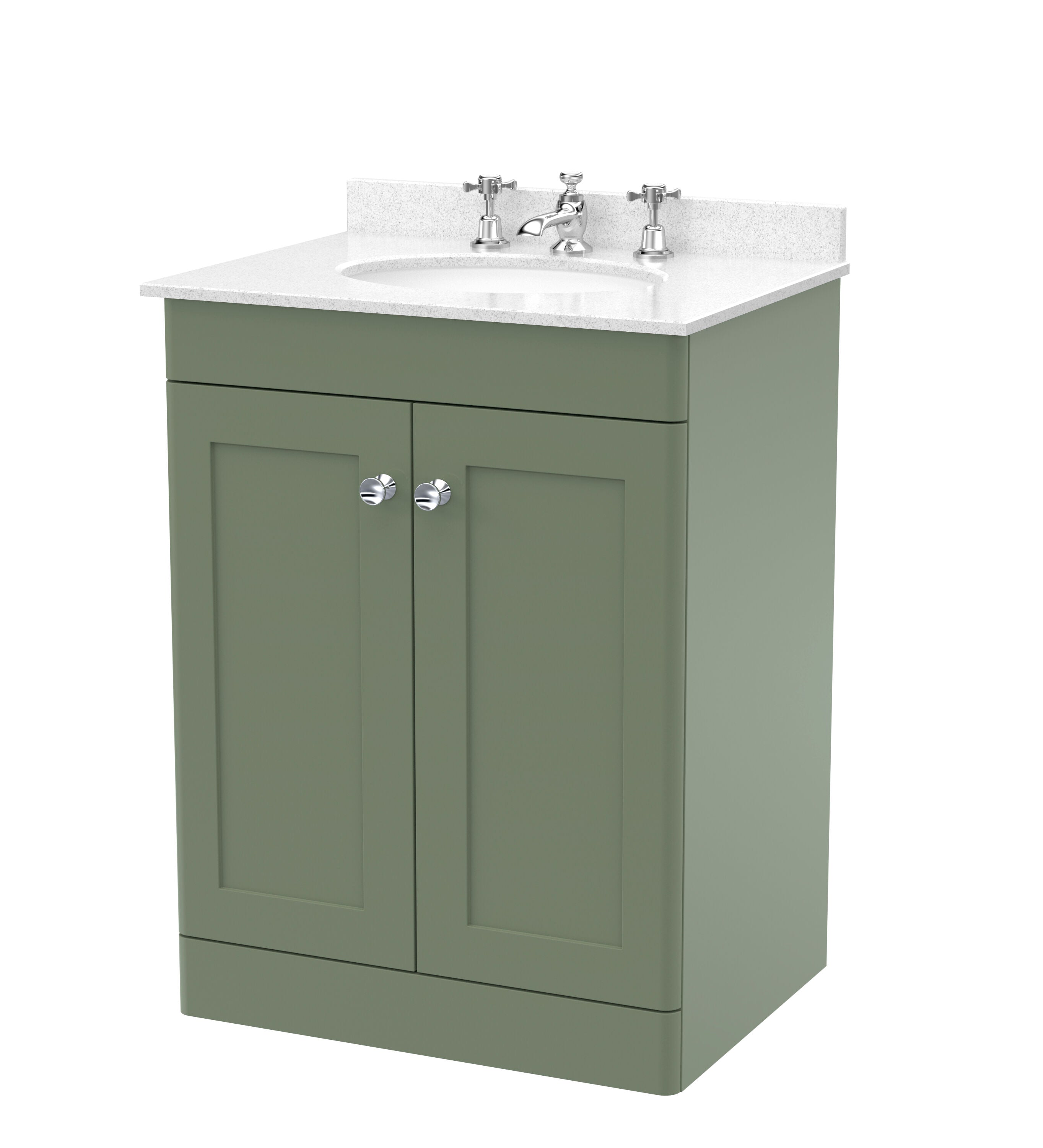 nuie Classique 600mm Satin Green 2 Door Floor Standing Vanity Unit With 3 Tap Hole Marble Basin