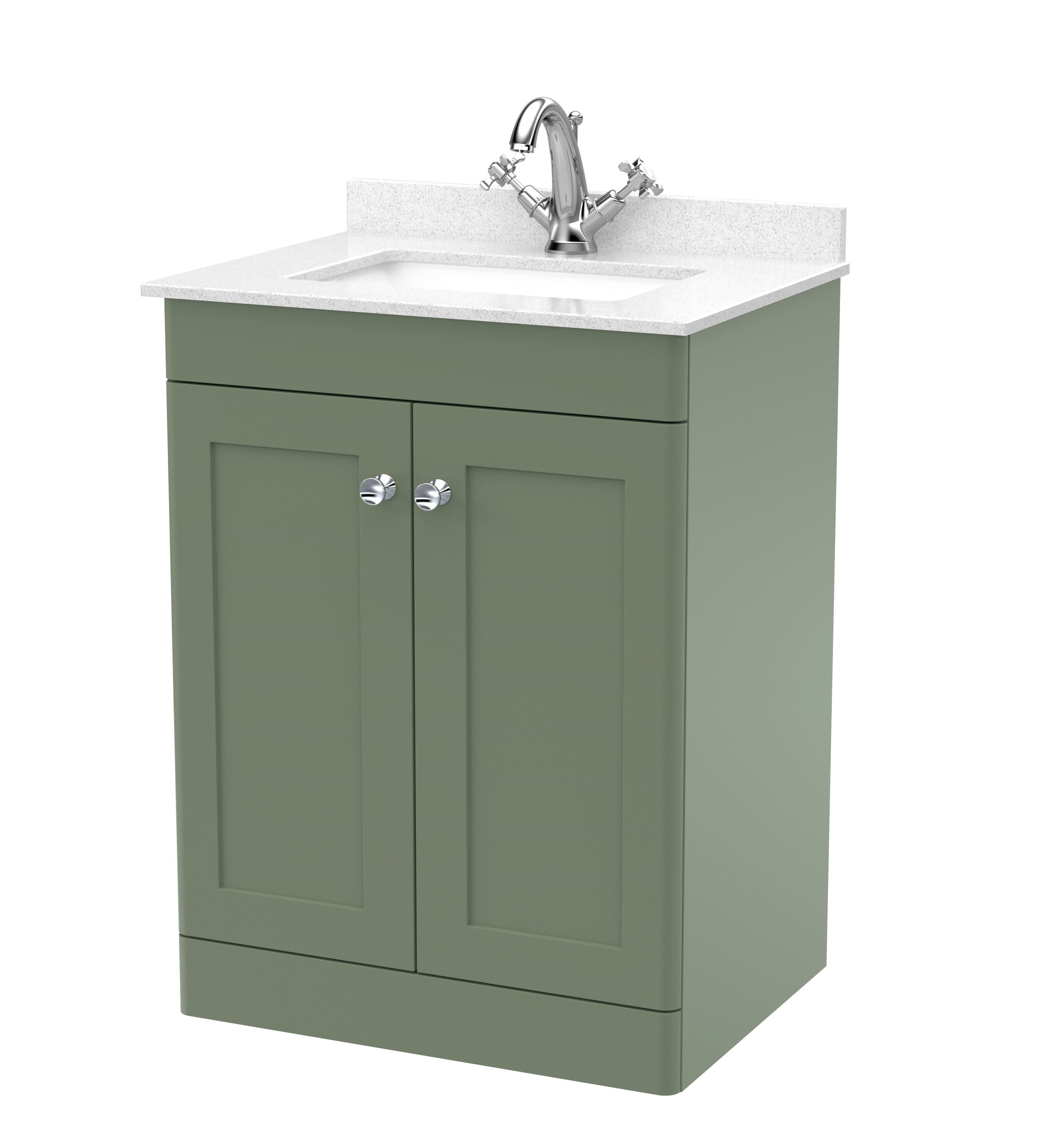 nuie Classique 600mm Satin Green 2 Door Floor Standing Vanity Unit With 1 Tap Hole Marble Basin