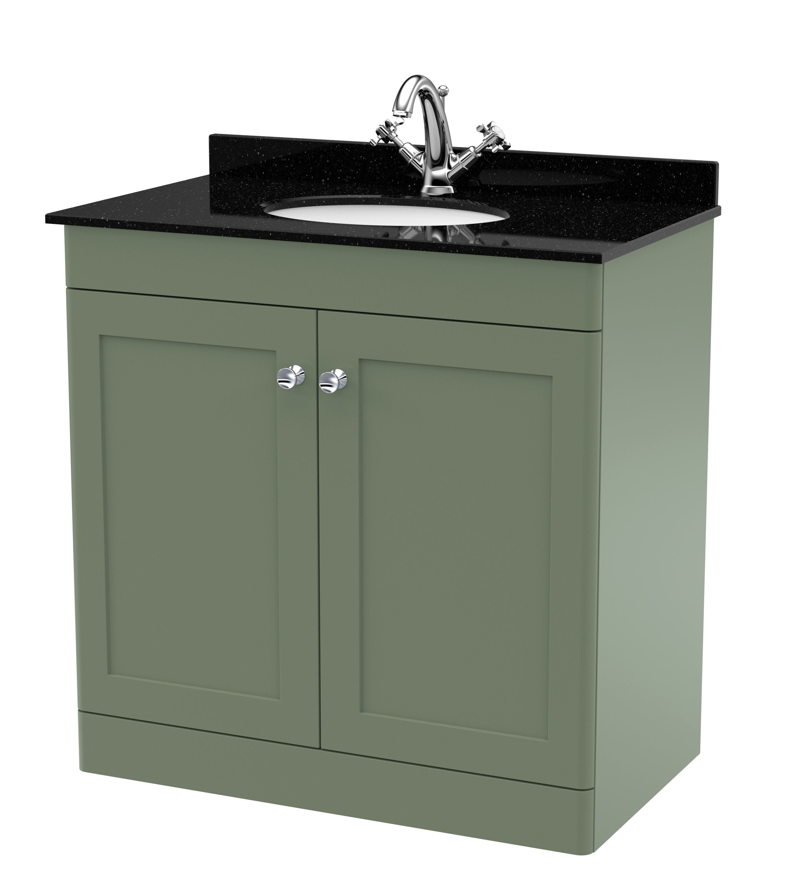 nuie Classique 800mm Satin Green 2 Door Floor Standing Vanity Unit With 1 Tap Hole Marble Basin